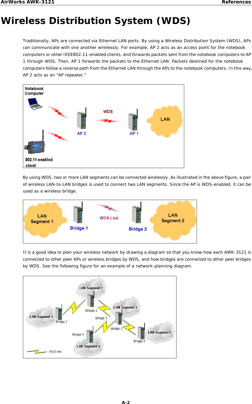 AirWorks AWK-3121  References  A-2Wireless Distribution System (WDS)  Traditionally, APs are connected via Ethernet LAN ports. By using a Wireless Distribution System (WDS), APs can communicate with one another wirelessly. For example, AP 2 acts as an access point for the notebook computers or other IEEE802.11-enabled clients, and forwards packets sent from the notebook computers to AP 1 through WDS. Then, AP 1 forwards the packets to the Ethernet LAN. Packets destined for the notebook computers follow a reverse path from the Ethernet LAN through the APs to the notebook computers. In this way, AP 2 acts as an “AP repeater.”  By using WDS, two or more LAN segments can be connected wirelessly. As illustrated in the above figure, a pair of wireless LAN-to-LAN bridges is used to connect two LAN segments. Since the AP is WDS-enabled, it can be used as a wireless bridge.  It is a good idea to plan your wireless network by drawing a diagram so that you know how each AWK-3121 is connected to other peer APs or wireless bridges by WDS, and how bridges are connected to other peer bridges by WDS. See the following figure for an example of a network-planning diagram.  