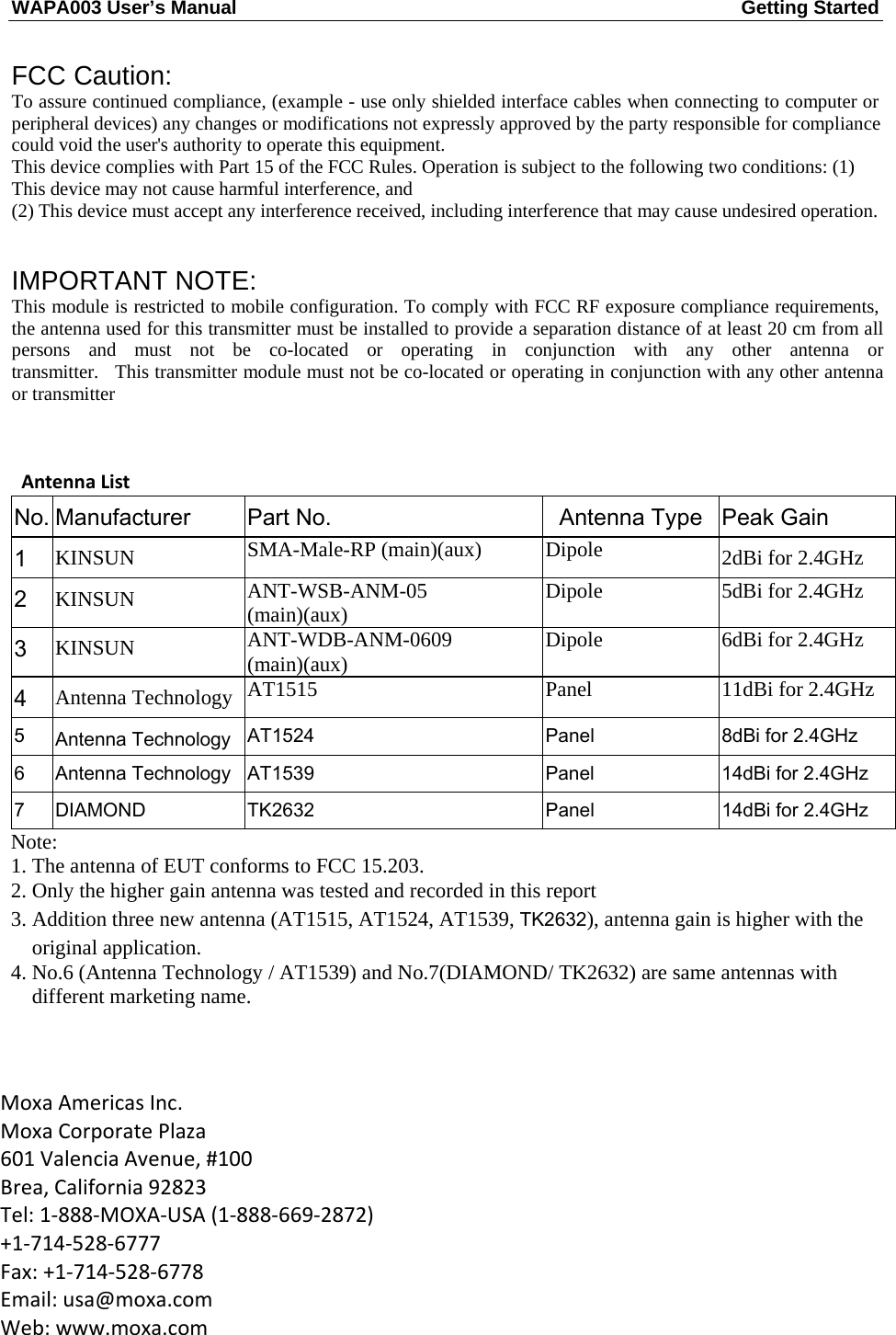 WAPA003 User’s Manual  Getting Started    FCC Caution: To assure continued compliance, (example - use only shielded interface cables when connecting to computer or peripheral devices) any changes or modifications not expressly approved by the party responsible for compliance could void the user&apos;s authority to operate this equipment. This device complies with Part 15 of the FCC Rules. Operation is subject to the following two conditions: (1) This device may not cause harmful interference, and (2) This device must accept any interference received, including interference that may cause undesired operation.   IMPORTANT NOTE: This module is restricted to mobile configuration. To comply with FCC RF exposure compliance requirements, the antenna used for this transmitter must be installed to provide a separation distance of at least 20 cm from all persons  and  must  not  be  co-located  or  operating  in  conjunction  with  any  other  antenna  or  transmitter.   This transmitter module must not be co-located or operating in conjunction with any other antenna or transmitter  AntennaListNo. Manufacturer  Part No.  Antenna Type  Peak Gain 1  KINSUN SMA-Male-RP (main)(aux)  Dipole  2dBi for 2.4GHz 2  KINSUN  ANT-WSB-ANM-05 (main)(aux)  Dipole  5dBi for 2.4GHz   3  KINSUN  ANT-WDB-ANM-0609 (main)(aux)  Dipole  6dBi for 2.4GHz 4  Antenna Technology  AT1515 Panel 11dBi for 2.4GHz 5  Antenna Technology  AT1524  Panel  8dBi for 2.4GHz 6  Antenna Technology  AT1539  Panel  14dBi for 2.4GHz 7  DIAMOND  TK2632  Panel  14dBi for 2.4GHz  Note:   1. The antenna of EUT conforms to FCC 15.203.   2. Only the higher gain antenna was tested and recorded in this report   3. Addition three new antenna (AT1515, AT1524, AT1539, TK2632), antenna gain is higher with the            original application.   4. No.6 (Antenna Technology / AT1539) and No.7(DIAMOND/ TK2632) are same antennas with              different marketing name.  MoxaAmericasInc.MoxaCorporatePlaza601ValenciaAvenue,#100Brea,California92823Tel:1‐888‐MOXA‐USA(1‐888‐669‐2872)+1‐714‐528‐6777Fax:+1‐714‐528‐6778Email:usa@moxa.comWeb:www.moxa.com