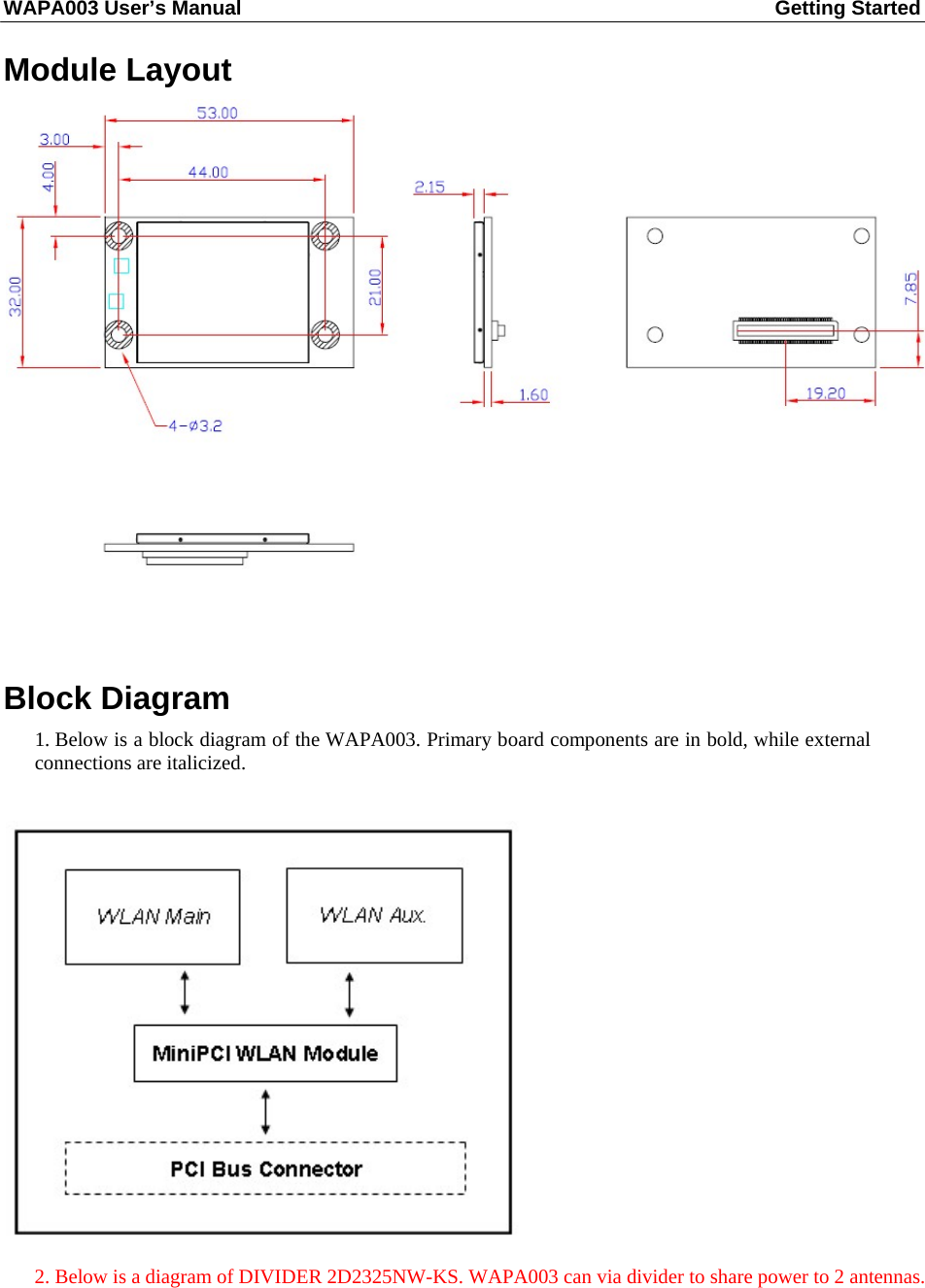 WAPA003 User’s Manual  Getting Started    Module Layout        Block Diagram  1. Below is a block diagram of the WAPA003. Primary board components are in bold, while external connections are italicized.     2. Below is a diagram of DIVIDER 2D2325NW-KS. WAPA003 can via divider to share power to 2 antennas. 