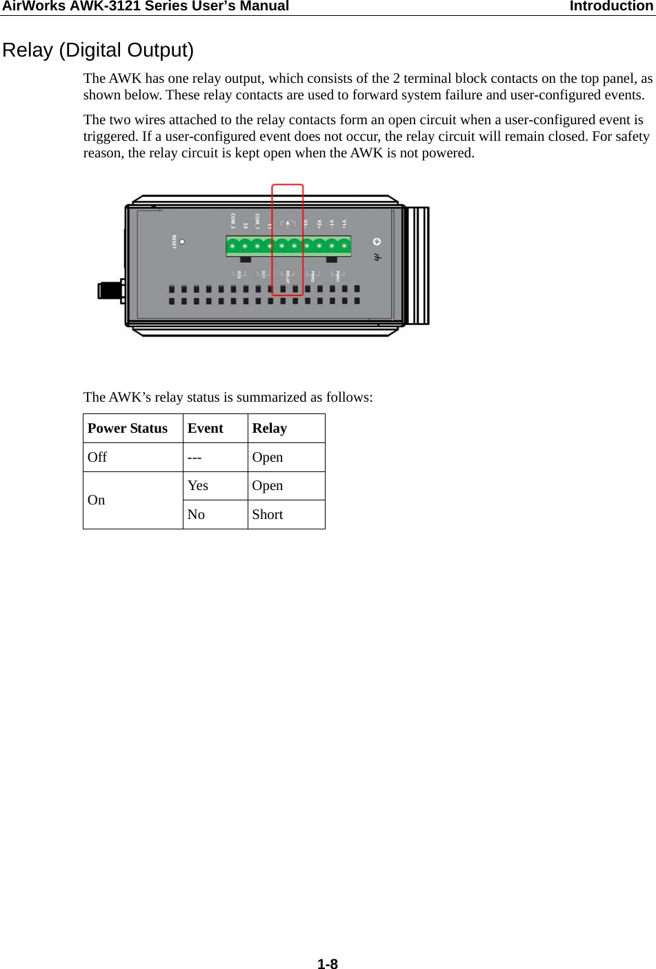 AirWorks AWK-3121 Series User’s Manual  Introduction  1-8Relay (Digital Output) The AWK has one relay output, which consists of the 2 terminal block contacts on the top panel, as shown below. These relay contacts are used to forward system failure and user-configured events.   The two wires attached to the relay contacts form an open circuit when a user-configured event is triggered. If a user-configured event does not occur, the relay circuit will remain closed. For safety reason, the relay circuit is kept open when the AWK is not powered.   The AWK’s relay status is summarized as follows: Power Status  Event  Relay Off --- Open Yes Open On  No Short     