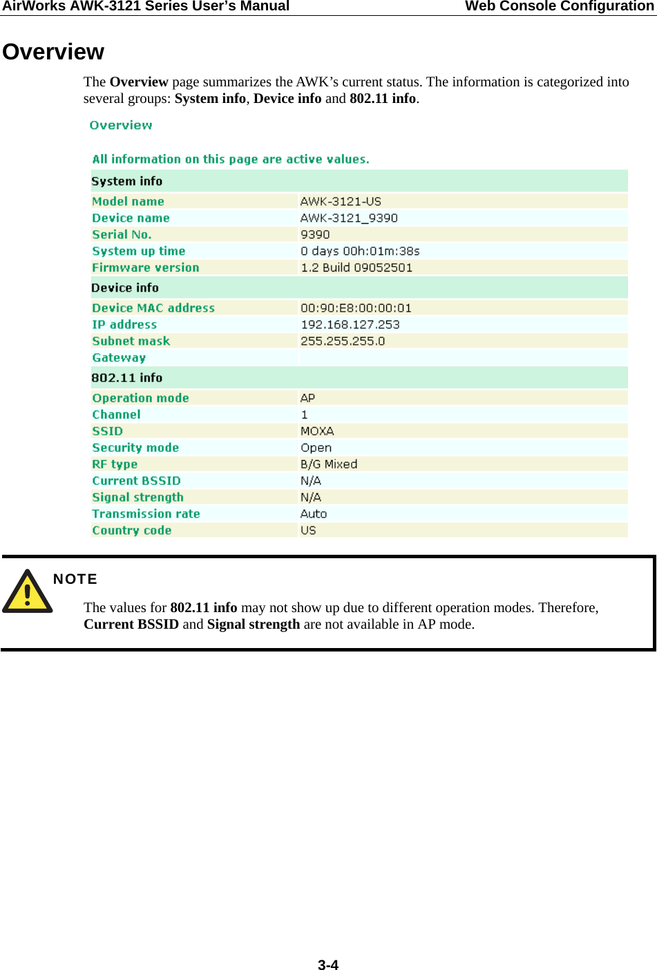 AirWorks AWK-3121 Series User’s Manual  Web Console Configuration  3-4Overview The Overview page summarizes the AWK’s current status. The information is categorized into several groups: System info, Device info and 802.11 info.   NOTE The values for 802.11 info may not show up due to different operation modes. Therefore, Current BSSID and Signal strength are not available in AP mode.            