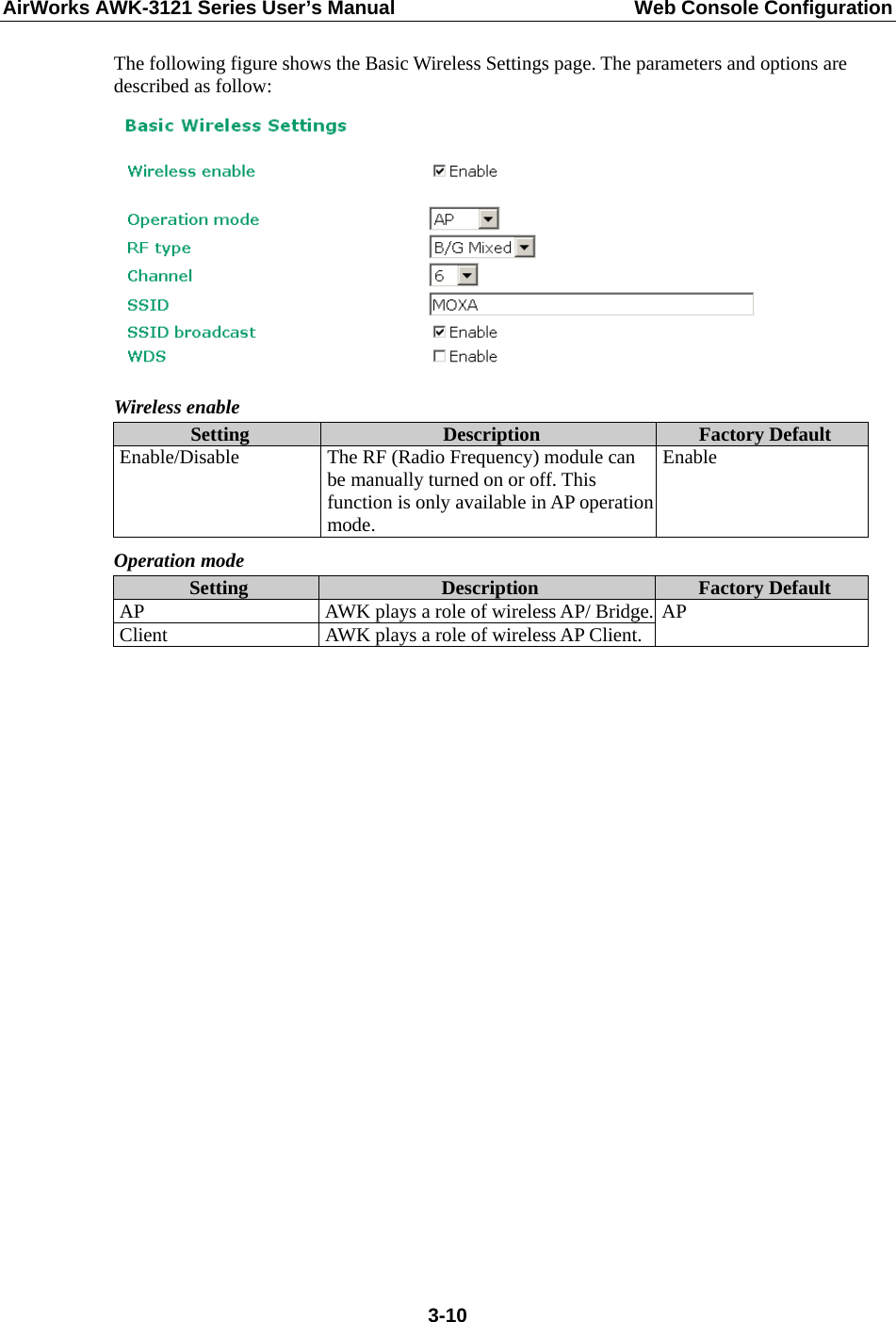 AirWorks AWK-3121 Series User’s Manual  Web Console Configuration  3-10The following figure shows the Basic Wireless Settings page. The parameters and options are described as follow:  Wireless enable Setting  Description  Factory Default Enable/Disable  The RF (Radio Frequency) module can be manually turned on or off. This function is only available in AP operation mode. Enable Operation mode Setting  Description  Factory Default AP  AWK plays a role of wireless AP/ Bridge.Client  AWK plays a role of wireless AP Client. AP                  