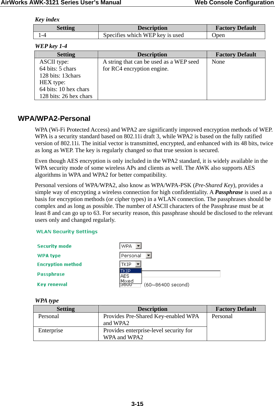 AirWorks AWK-3121 Series User’s Manual  Web Console Configuration  3-15Key index Setting  Description  Factory Default 1-4  Specifies which WEP key is used  Open WEP key 1-4 Setting  Description  Factory Default ASCII type: 64 bits: 5 chars 128 bits: 13chars HEX type: 64 bits: 10 hex chars 128 bits: 26 hex chars A string that can be used as a WEP seed for RC4 encryption engine.  None  WPA/WPA2-Personal WPA (Wi-Fi Protected Access) and WPA2 are significantly improved encryption methods of WEP. WPA is a security standard based on 802.11i draft 3, while WPA2 is based on the fully ratified version of 802.11i. The initial vector is transmitted, encrypted, and enhanced with its 48 bits, twice as long as WEP. The key is regularly changed so that true session is secured. Even though AES encryption is only included in the WPA2 standard, it is widely available in the WPA security mode of some wireless APs and clients as well. The AWK also supports AES algorithms in WPA and WPA2 for better compatibility. Personal versions of WPA/WPA2, also know as WPA/WPA-PSK (Pre-Shared Key), provides a simple way of encrypting a wireless connection for high confidentiality. A Passphrase is used as a basis for encryption methods (or cipher types) in a WLAN connection. The passphrases should be complex and as long as possible. The number of ASCII characters of the Passphrase must be at least 8 and can go up to 63. For security reason, this passphrase should be disclosed to the relevant users only and changed regularly.  WPA type Setting  Description  Factory Default Personal Provides Pre-Shared Key-enabled WPA and WPA2 Enterprise  Provides enterprise-level security for WPA and WPA2 Personal     