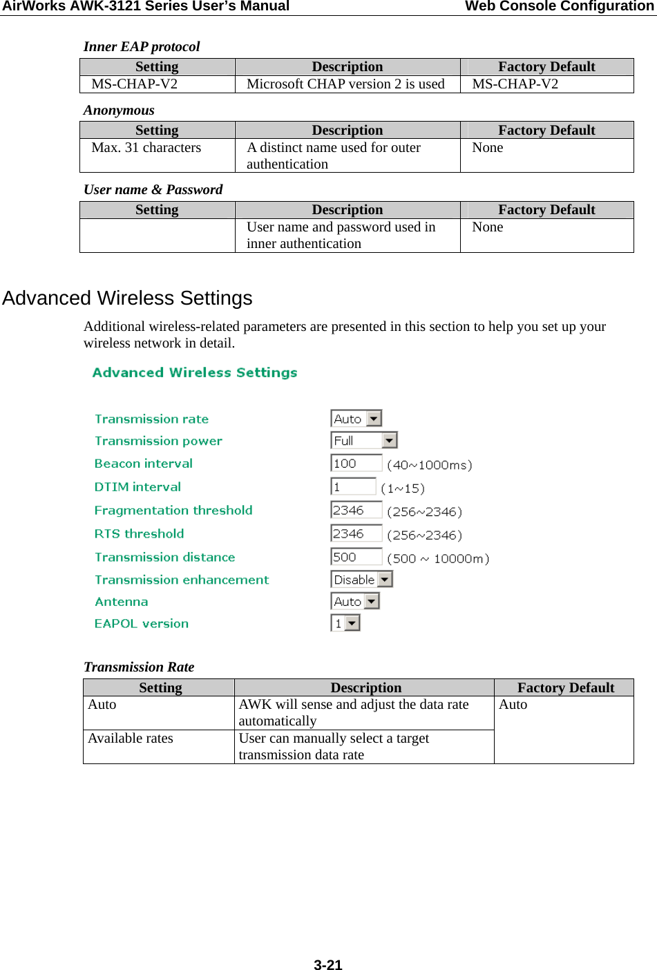 AirWorks AWK-3121 Series User’s Manual  Web Console Configuration  3-21Inner EAP protocol Setting  Description  Factory Default MS-CHAP-V2  Microsoft CHAP version 2 is used  MS-CHAP-V2 Anonymous Setting  Description  Factory Default Max. 31 characters  A distinct name used for outer authentication  None User name &amp; Password Setting  Description  Factory Default   User name and password used in inner authentication  None  Advanced Wireless Settings Additional wireless-related parameters are presented in this section to help you set up your wireless network in detail.  Transmission Rate Setting  Description  Factory Default Auto  AWK will sense and adjust the data rate automatically Available rates  User can manually select a target transmission data rate Auto       