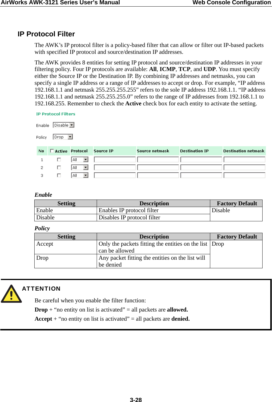 AirWorks AWK-3121 Series User’s Manual  Web Console Configuration  3-28 IP Protocol Filter The AWK’s IP protocol filter is a policy-based filter that can allow or filter out IP-based packets with specified IP protocol and source/destination IP addresses.   The AWK provides 8 entities for setting IP protocol and source/destination IP addresses in your filtering policy. Four IP protocols are available: All, ICMP, TCP, and UDP. You must specify either the Source IP or the Destination IP. By combining IP addresses and netmasks, you can specify a single IP address or a range of IP addresses to accept or drop. For example, “IP address 192.168.1.1 and netmask 255.255.255.255” refers to the sole IP address 192.168.1.1. “IP address 192.168.1.1 and netmask 255.255.255.0” refers to the range of IP addresses from 192.168.1.1 to 192.168.255. Remember to check the Active check box for each entity to activate the setting.   Enable Setting  Description  Factory DefaultEnable  Enables IP protocol filter Disable  Disables IP protocol filter  Disable Policy Setting  Description  Factory DefaultAccept  Only the packets fitting the entities on the list can be allowed Drop  Any packet fitting the entities on the list will be denied Drop   ATTENTION Be careful when you enable the filter function: Drop + “no entity on list is activated” = all packets are allowed. Accept + “no entity on list is activated” = all packets are denied.      