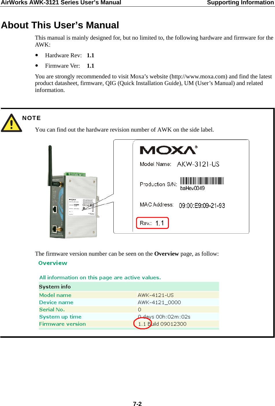 AirWorks AWK-3121 Series User’s Manual  Supporting Information  7-2About This User’s Manual This manual is mainly designed for, but no limited to, the following hardware and firmware for the AWK:  Hardware Rev:   1.1  Firmware Ver:    1.1 You are strongly recommended to visit Moxa’s website (http://www.moxa.com) and find the latest product datasheet, firmware, QIG (Quick Installation Guide), UM (User’s Manual) and related information.   NOTE You can find out the hardware revision number of AWK on the side label.   The firmware version number can be seen on the Overview page, as follow:      