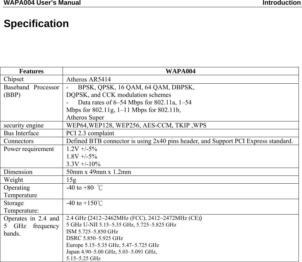 WAPA004 User’s Manual  Introduction  Specification  Features WAPA004 Chipset  Atheros AR5414 Baseband Processor (BBP) -  BPSK, QPSK, 16 QAM, 64 QAM, DBPSK, DQPSK, and CCK modulation schemes -  Data rates of 6–54 Mbps for 802.11a, 1–54 Mbps for 802.11g, 1–11 Mbps for 802.11b, Atheros Super   security engine  WEP64,WEP128, WEP256, AES-CCM, TKIP ,WPS Bus Interface  PCI 2.3 complaint Connectors  Defined BTB connector is using 2x40 pins header, and Support PCI Express standard.Power requirement  1.2V +/-5% 1.8V +/-5% 3.3V +/-10% Dimension  50mm x 49mm x 1.2mm Weight 15g Operating Temperature -40 to +80  ℃ Storage Temperature: -40 to +150℃ Operates in 2.4 and 5 GHz frequency bands. 2.4 GHz (2412~2462MHz (FCC), 2412~2472MHz (CE)) 5 GHz U-NII 5.15–5.35 GHz, 5.725–5.825 GHz ISM 5.725–5.850 GHz DSRC 5.850–5.925 GHz Europe 5.15–5.35 GHz, 5.47–5.725 GHz Japan 4.90–5.00 GHz, 5.03–5.091 GHz, 5.15–5.25 GHz 