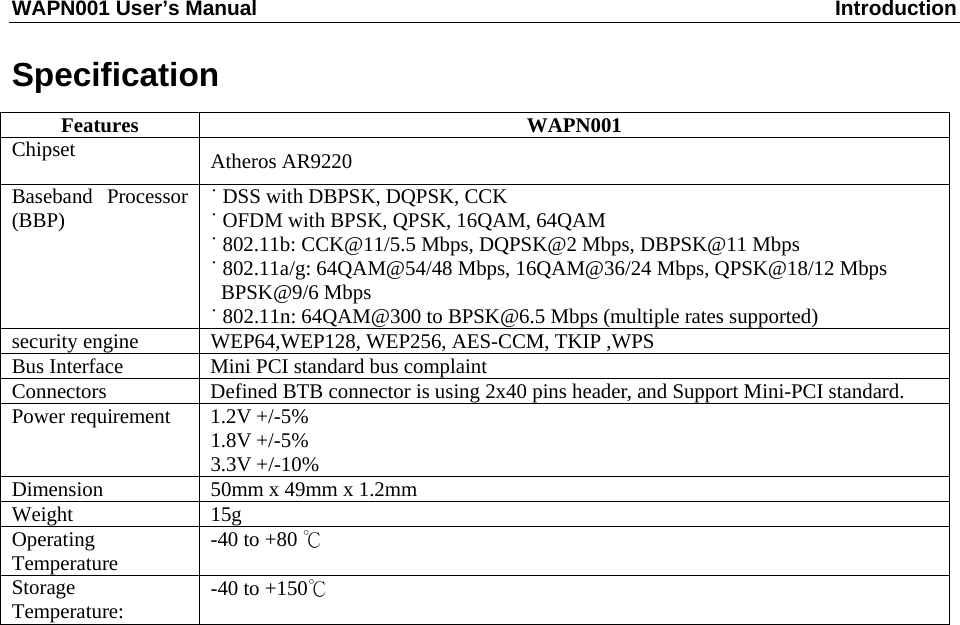 WAPN001 User’s Manual  Introduction  Specification Features WAPN001 Chipset  Atheros AR9220 Baseband Processor (BBP)  ˙ DSS with DBPSK, DQPSK, CCK ˙ OFDM with BPSK, QPSK, 16QAM, 64QAM ˙ 802.11b: CCK@11/5.5 Mbps, DQPSK@2 Mbps, DBPSK@11 Mbps ˙ 802.11a/g: 64QAM@54/48 Mbps, 16QAM@36/24 Mbps, QPSK@18/12 Mbps  BPSK@9/6 Mbps ˙ 802.11n: 64QAM@300 to BPSK@6.5 Mbps (multiple rates supported) security engine  WEP64,WEP128, WEP256, AES-CCM, TKIP ,WPS Bus Interface  Mini PCI standard bus complaint Connectors  Defined BTB connector is using 2x40 pins header, and Support Mini-PCI standard. Power requirement  1.2V +/-5% 1.8V +/-5% 3.3V +/-10% Dimension  50mm x 49mm x 1.2mm Weight 15g Operating Temperature  -40 to +80 ℃ Storage Temperature:  -40 to +150℃ 