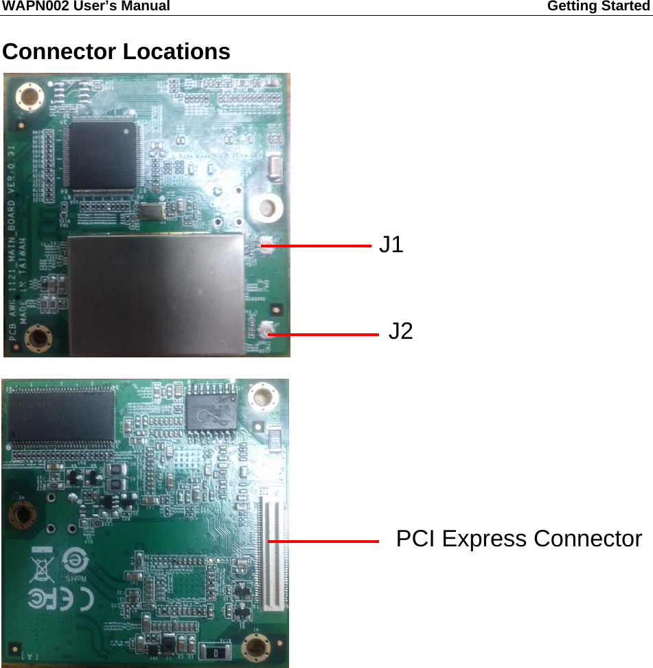 WAPN002 User’s Manual  Getting Started       Connector Locations    J1J2PCI Express Connector
