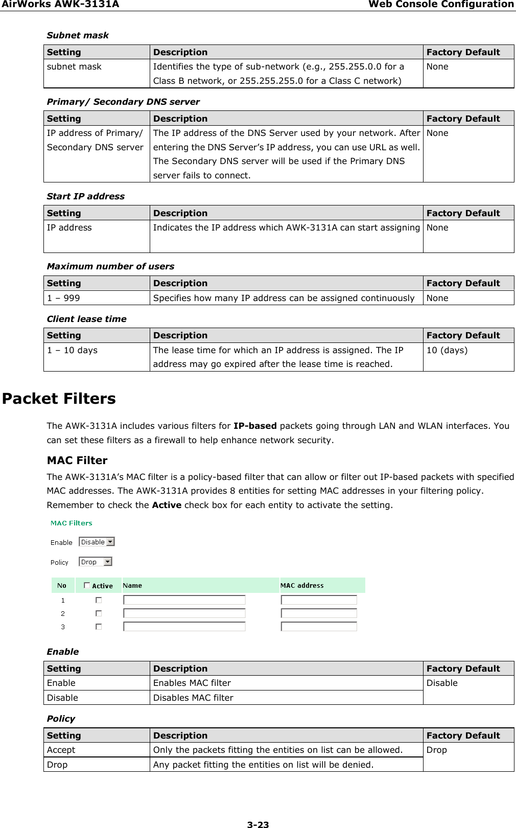 AirWorks AWK-3131A Web Console Configuration  3-23 Subnet mask Setting Description Factory Default subnet mask Identifies the type of sub-network (e.g., 255.255.0.0 for a Class B network, or 255.255.255.0 for a Class C network) None Primary/ Secondary DNS server Setting Description Factory Default IP address of Primary/ Secondary DNS server The IP address of the DNS Server used by your network. After entering the DNS Server’s IP address, you can use URL as well. The Secondary DNS server will be used if the Primary DNS server fails to connect. None Start IP address Setting Description Factory Default IP address Indicates the IP address which AWK-3131A can start assigning None Maximum number of users Setting Description Factory Default 1 – 999 Specifies how many IP address can be assigned continuously None Client lease time Setting Description Factory Default 1 – 10 days The lease time for which an IP address is assigned. The IP address may go expired after the lease time is reached.   10 (days) Packet Filters The AWK-3131A includes various filters for IP-based packets going through LAN and WLAN interfaces. You can set these filters as a firewall to help enhance network security. MAC Filter The AWK-3131A’s MAC filter is a policy-based filter that can allow or filter out IP-based packets with specified MAC addresses. The AWK-3131A provides 8 entities for setting MAC addresses in your filtering policy. Remember to check the Active check box for each entity to activate the setting.  Enable Setting Description Factory Default Enable Enables MAC filter Disable Disable Disables MAC filter Policy Setting Description Factory Default Accept Only the packets fitting the entities on list can be allowed. Drop Drop Any packet fitting the entities on list will be denied.  