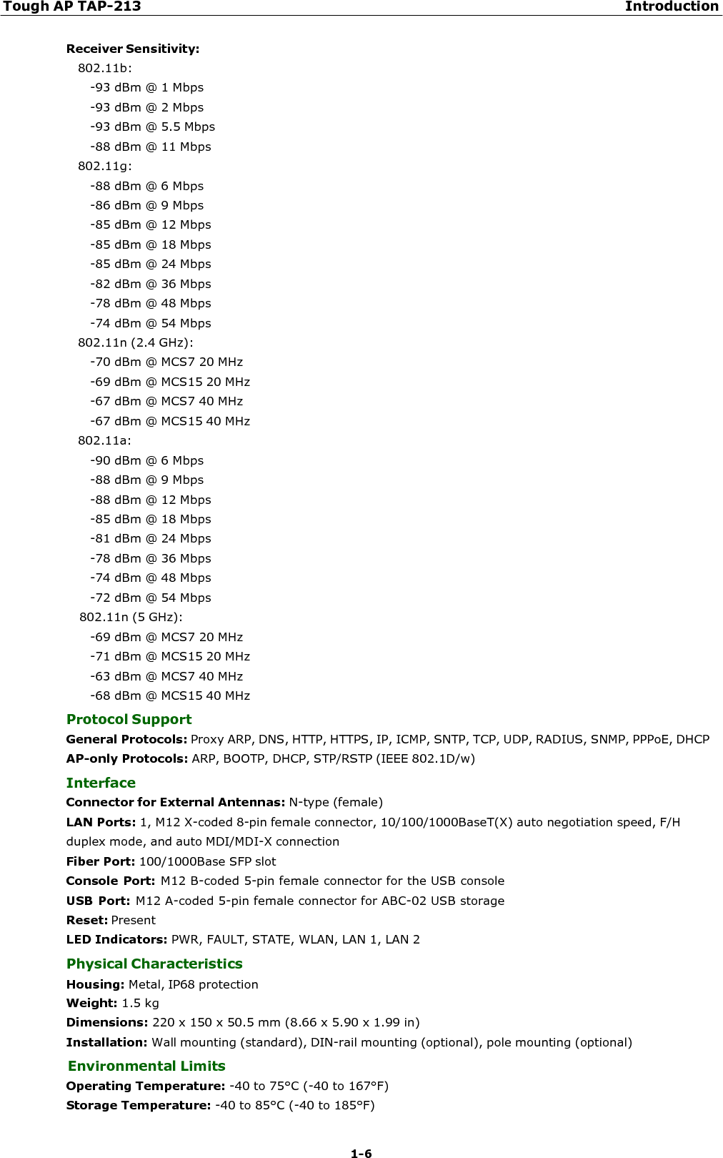 Tough AP TAP-213 Introduction 1-6    Receiver Sensitivity: 802.11b: -93 dBm @ 1 Mbps -93 dBm @ 2 Mbps -93 dBm @ 5.5 Mbps -88 dBm @ 11 Mbps 802.11g: -88 dBm @ 6 Mbps -86 dBm @ 9 Mbps -85 dBm @ 12 Mbps -85 dBm @ 18 Mbps -85 dBm @ 24 Mbps -82 dBm @ 36 Mbps -78 dBm @ 48 Mbps -74 dBm @ 54 Mbps 802.11n (2.4 GHz): -70 dBm @ MCS7 20 MHz -69 dBm @ MCS15 20 MHz -67 dBm @ MCS7 40 MHz -67 dBm @ MCS15 40 MHz 802.11a: -90 dBm @ 6 Mbps -88 dBm @ 9 Mbps -88 dBm @ 12 Mbps -85 dBm @ 18 Mbps -81 dBm @ 24 Mbps -78 dBm @ 36 Mbps -74 dBm @ 48 Mbps -72 dBm @ 54 Mbps 802.11n (5 GHz): -69 dBm @ MCS7 20 MHz -71 dBm @ MCS15 20 MHz -63 dBm @ MCS7 40 MHz -68 dBm @ MCS15 40 MHz Protocol Support General Protocols: Proxy ARP, DNS, HTTP, HTTPS, IP, ICMP, SNTP, TCP, UDP, RADIUS, SNMP, PPPoE, DHCP AP-only Protocols: ARP, BOOTP, DHCP, STP/RSTP (IEEE 802.1D/w) Interface Connector for External Antennas: N-type (female) LAN Ports: 1, M12 X-coded 8-pin female connector, 10/100/1000BaseT(X) auto negotiation speed, F/H duplex mode, and auto MDI/MDI-X connection Fiber Port: 100/1000Base SFP slot Console Port: M12 B-coded 5-pin female connector for the USB console USB Port: M12 A-coded 5-pin female connector for ABC-02 USB storage Reset: Present LED Indicators: PWR, FAULT, STATE, WLAN, LAN 1, LAN 2 Physical Characteristics Housing: Metal, IP68 protection Weight: 1.5 kg Dimensions: 220 x 150 x 50.5 mm (8.66 x 5.90 x 1.99 in) Installation: Wall mounting (standard), DIN-rail mounting (optional), pole mounting (optional) Environmental Limits Operating Temperature: -40 to 75°C (-40 to 167°F) Storage Temperature: -40 to 85°C (-40 to 185°F) 