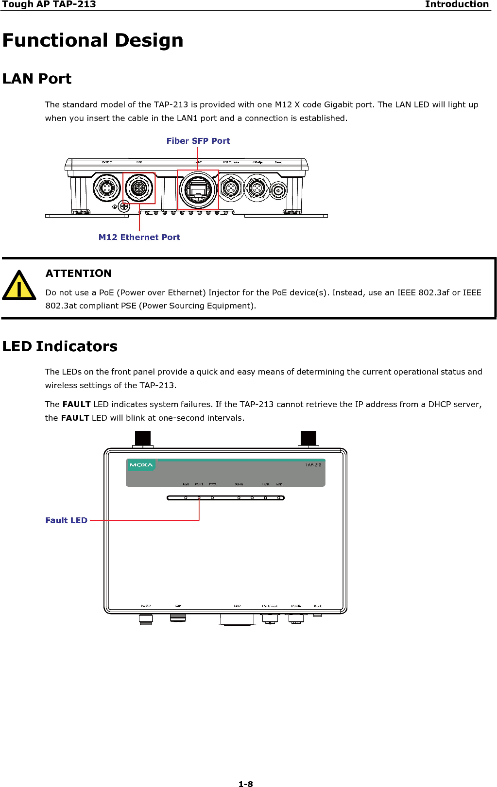 Tough AP TAP-213 Introduction 1-8   ATTENTION Do not use a PoE (Power over Ethernet) Injector for the PoE device(s). Instead, use an IEEE 802.3af or IEEE 802.3at compliant PSE (Power Sourcing Equipment).  Functional Design  LAN Port The standard model of the TAP-213 is provided with one M12 X code Gigabit port. The LAN LED will light up when you insert the cable in the LAN1 port and a connection is established.      LED Indicators The LEDs on the front panel provide a quick and easy means of determining the current operational status and wireless settings of the TAP-213. The FAULT LED indicates system failures. If the TAP-213 cannot retrieve the IP address from a DHCP server, the FAULT LED will blink at one-second intervals.   