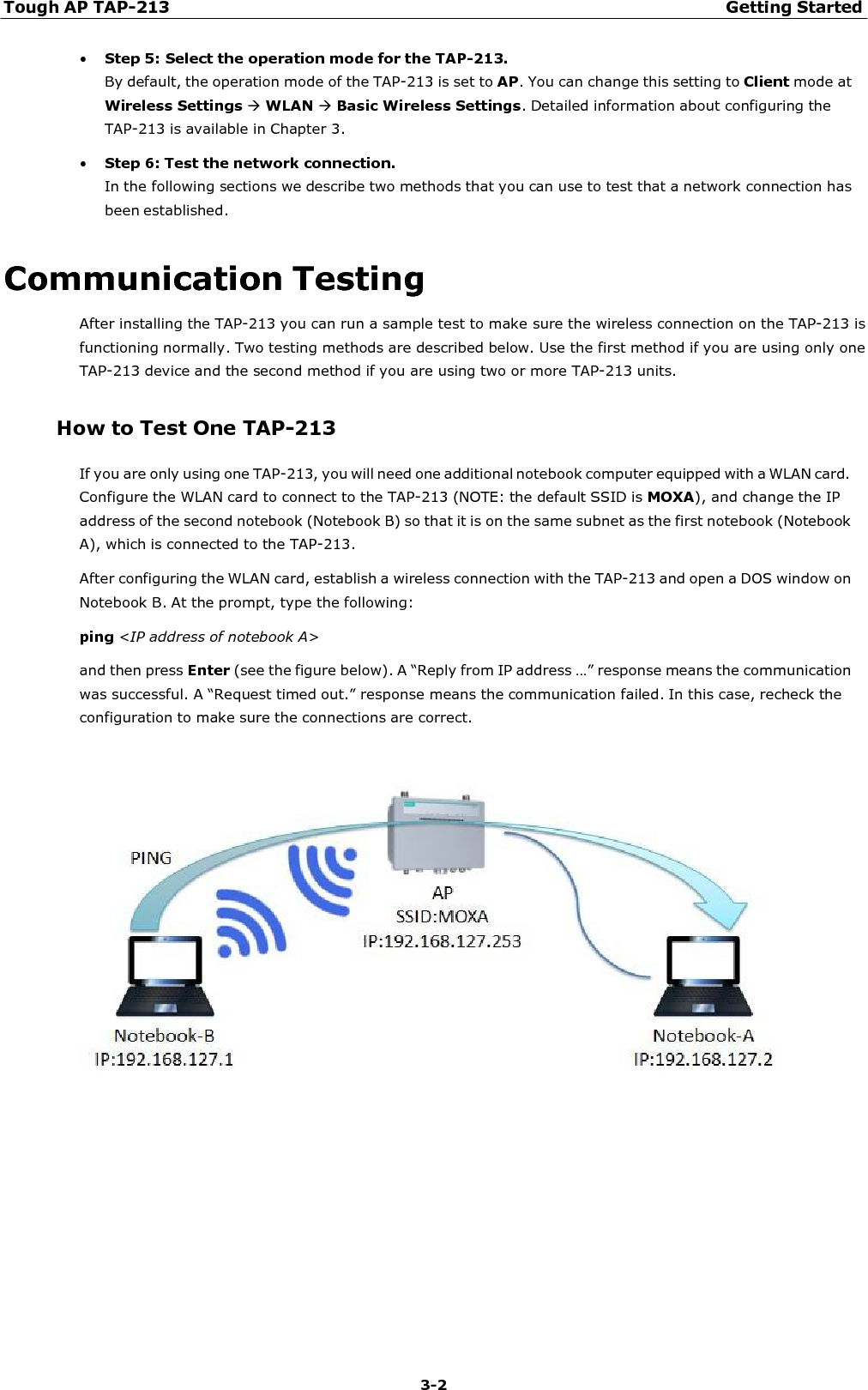 Tough AP TAP-213 Getting Started 3-2    • Step 5: Select the operation mode for the TAP-213. By default, the operation mode of the TAP-213 is set to AP. You can change this setting to Client mode at Wireless Settings WLAN Basic Wireless Settings. Detailed information about configuring the TAP-213 is available in Chapter 3. • Step 6: Test the network connection. In the following sections we describe two methods that you can use to test that a network connection has been established.   Communication Testing After installing the TAP-213 you can run a sample test to make sure the wireless connection on the TAP-213 is functioning normally. Two testing methods are described below. Use the first method if you are using only one TAP-213 device and the second method if you are using two or more TAP-213 units.  How to Test One TAP-213  If you are only using one TAP-213, you will need one additional notebook computer equipped with a WLAN card. Configure the WLAN card to connect to the TAP-213 (NOTE: the default SSID is MOXA), and change the IP address of the second notebook (Notebook B) so that it is on the same subnet as the first notebook (Notebook A), which is connected to the TAP-213. After configuring the WLAN card, establish a wireless connection with the TAP-213 and open a DOS window on Notebook B. At the prompt, type the following: ping &lt;IP address of notebook A&gt;  and then press Enter (see the figure below). A “Reply from IP address …” response means the communication was successful. A “Request timed out.” response means the communication failed. In this case, recheck the configuration to make sure the connections are correct.   