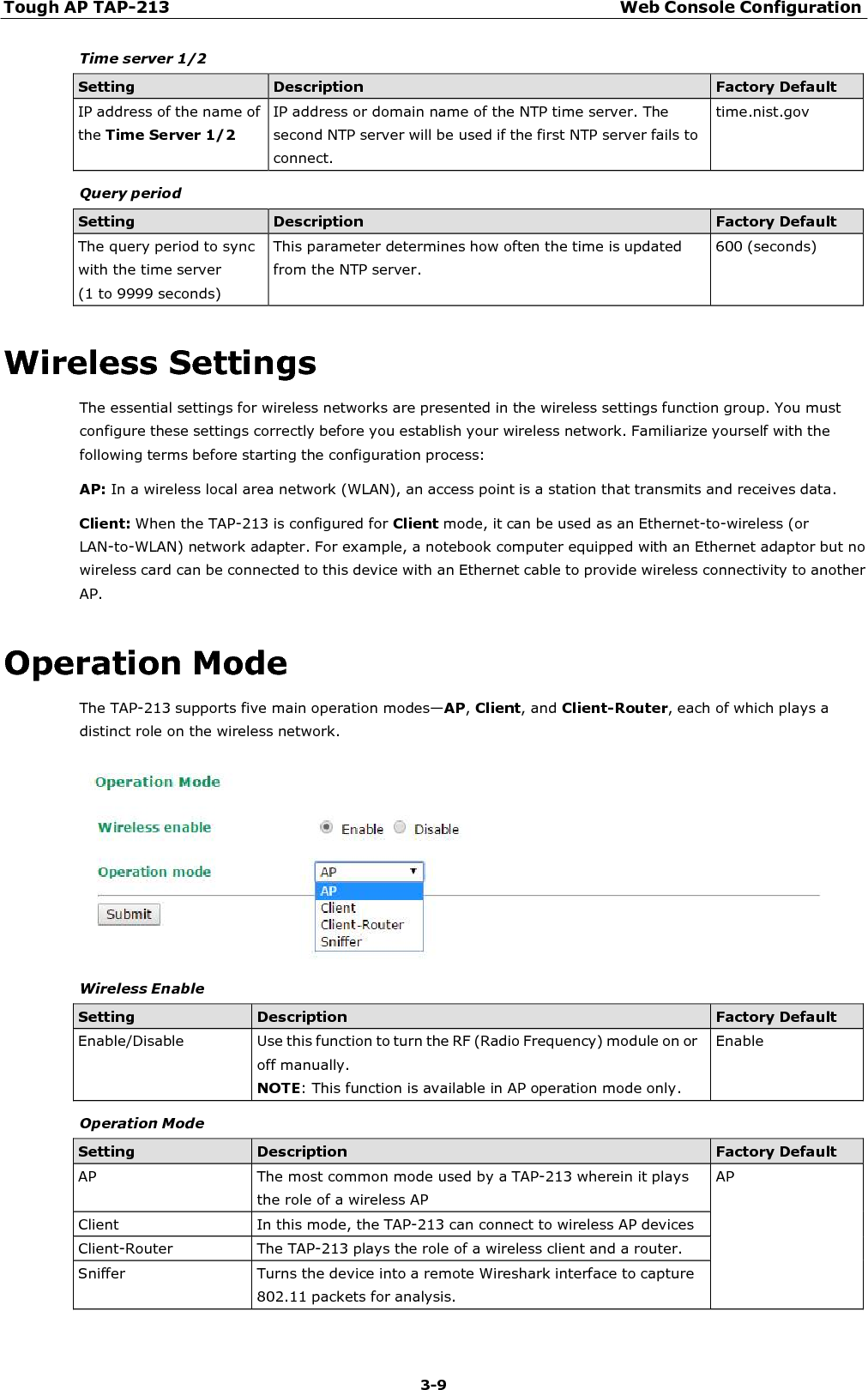 Tough AP TAP-213 Web Console Configuration 3-9    Time server 1/2  Setting Description Factory Default IP address of the name of the Time Server 1/2 IP address or domain name of the NTP time server. The second NTP server will be used if the first NTP server fails to connect. time.nist.gov  Query period  Setting Description Factory Default The query period to sync with the time server (1 to 9999 seconds) This parameter determines how often the time is updated from the NTP server. 600 (seconds)  Wireless Settings The essential settings for wireless networks are presented in the wireless settings function group. You must configure these settings correctly before you establish your wireless network. Familiarize yourself with the following terms before starting the configuration process: AP: In a wireless local area network (WLAN), an access point is a station that transmits and receives data.  Client: When the TAP-213 is configured for Client mode, it can be used as an Ethernet-to-wireless (or LAN-to-WLAN) network adapter. For example, a notebook computer equipped with an Ethernet adaptor but no wireless card can be connected to this device with an Ethernet cable to provide wireless connectivity to another AP.   Operation Mode The TAP-213 supports five main operation modes—AP, Client, and Client-Router, each of which plays a distinct role on the wireless network.    Wireless Enable  Setting Description Factory Default Enable/Disable  Use this function to turn the RF (Radio Frequency) module on or off manually. NOTE: This function is available in AP operation mode only. Enable  Operation Mode  Setting Description Factory Default AP  The most common mode used by a TAP-213 wherein it plays the role of a wireless AP AP Client  In this mode, the TAP-213 can connect to wireless AP devices  Client-Router  The TAP-213 plays the role of a wireless client and a router.  Sniffer  Turns the device into a remote Wireshark interface to capture 802.11 packets for analysis.  