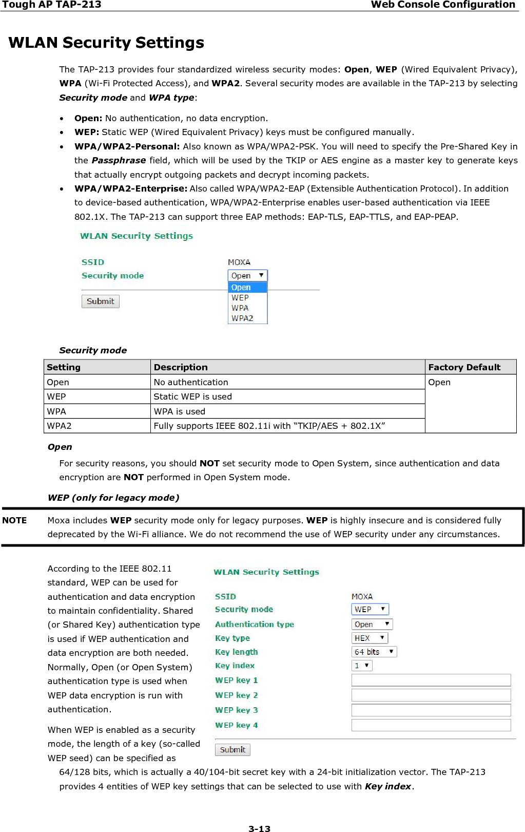 Tough AP TAP-213 Web Console Configuration 3-13    WLAN Security Settings The TAP-213 provides four standardized wireless security modes: Open, WEP  (Wired Equivalent Privacy), WPA (Wi-Fi Protected Access), and WPA2. Several security modes are available in the TAP-213 by selecting Security mode and WPA type: • Open: No authentication, no data encryption. • WEP: Static WEP (Wired Equivalent Privacy) keys must be configured manually. • WPA/WPA2-Personal: Also known as WPA/WPA2-PSK. You will need to specify the Pre-Shared Key in the Passphrase field, which will be used by the TKIP or AES engine as a master key to generate keys that actually encrypt outgoing packets and decrypt incoming packets. • WPA/WPA2-Enterprise: Also called WPA/WPA2-EAP (Extensible Authentication Protocol). In addition to device-based authentication, WPA/WPA2-Enterprise enables user-based authentication via IEEE 802.1X. The TAP-213 can support three EAP methods: EAP-TLS, EAP-TTLS, and EAP-PEAP.   Security mode  Setting Description Factory Default Open  No authentication  Open WEP  Static WEP is used  WPA  WPA is used  WPA2  Fully supports IEEE 802.11i with “TKIP/AES + 802.1X”   Open For security reasons, you should NOT set security mode to Open System, since authentication and data encryption are NOT performed in Open System mode. WEP (only for legacy mode)    According to the IEEE 802.11 standard, WEP can be used for authentication and data encryption to maintain confidentiality. Shared (or Shared Key) authentication type is used if WEP authentication and data encryption are both needed. Normally, Open (or Open System) authentication type is used when WEP data encryption is run with authentication. When WEP is enabled as a security mode, the length of a key (so-called WEP seed) can be specified as 64/128 bits, which is actually a 40/104-bit secret key with a 24-bit initialization vector. The TAP-213 provides 4 entities of WEP key settings that can be selected to use with Key index. NOTE Moxa includes WEP security mode only for legacy purposes. WEP is highly insecure and is considered fully deprecated by the Wi-Fi alliance. We do not recommend the use of WEP security under any circumstances. 