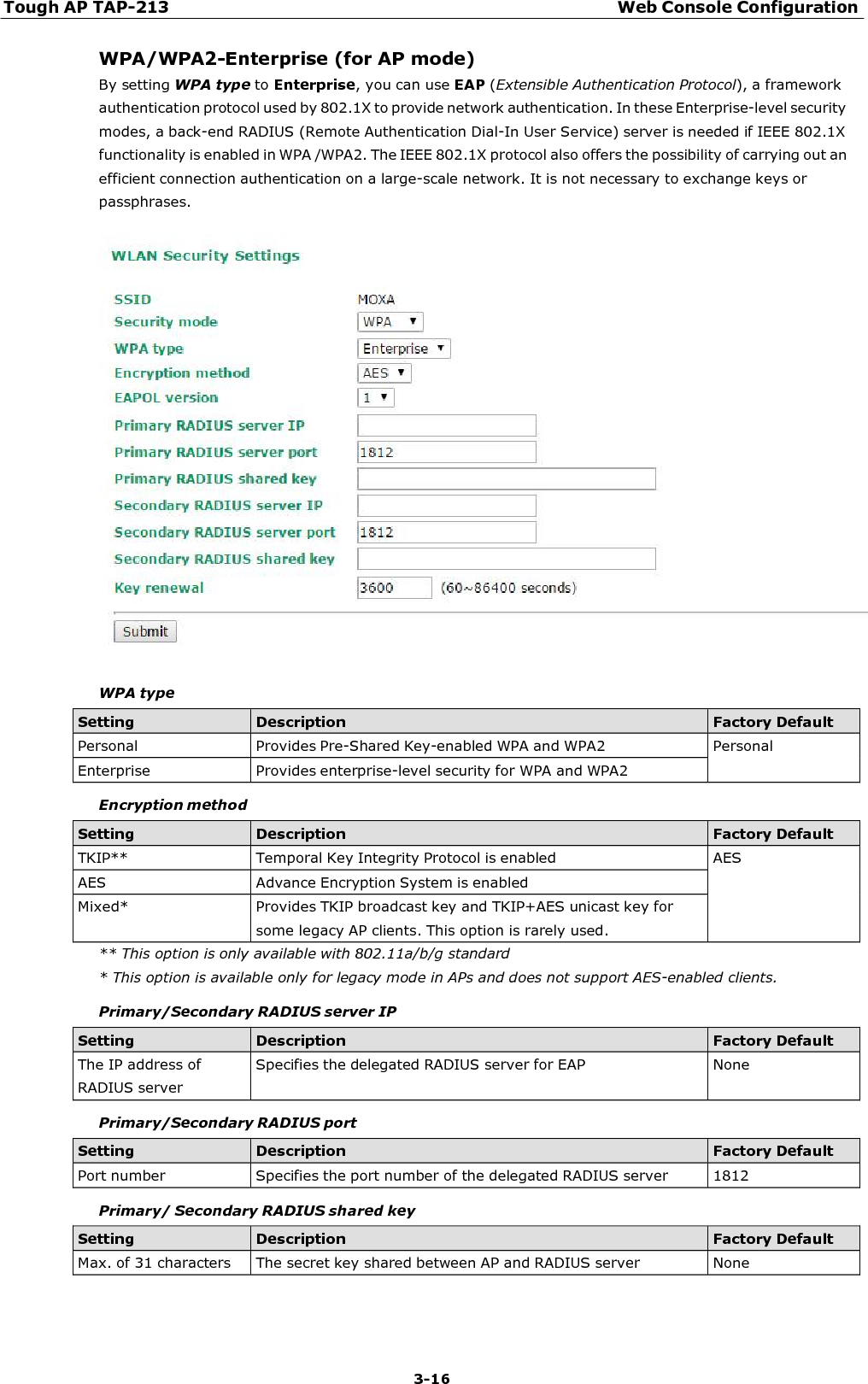 Tough AP TAP-213 Web Console Configuration 3-16    WPA/WPA2-Enterprise (for AP mode) By setting WPA type to Enterprise, you can use EAP (Extensible Authentication Protocol), a framework authentication protocol used by 802.1X to provide network authentication. In these Enterprise-level security modes, a back-end RADIUS (Remote Authentication Dial-In User Service) server is needed if IEEE 802.1X functionality is enabled in WPA /WPA2. The IEEE 802.1X protocol also offers the possibility of carrying out an efficient connection authentication on a large-scale network. It is not necessary to exchange keys or passphrases.    WPA type  Setting Description Factory Default Personal  Provides Pre-Shared Key-enabled WPA and WPA2  Personal Enterprise  Provides enterprise-level security for WPA and WPA2   Encryption method  Setting Description Factory Default TKIP**  Temporal Key Integrity Protocol is enabled  AES AES  Advance Encryption System is enabled  Mixed*  Provides TKIP broadcast key and TKIP+AES unicast key for some legacy AP clients. This option is rarely used.  ** This option is only available with 802.11a/b/g standard * This option is available only for legacy mode in APs and does not support AES-enabled clients.  Primary/Secondary RADIUS server IP  Setting Description Factory Default The IP address of RADIUS server Specifies the delegated RADIUS server for EAP  None  Primary/Secondary RADIUS port  Setting Description Factory Default Port number  Specifies the port number of the delegated RADIUS server  1812  Primary/ Secondary RADIUS shared key  Setting Description Factory Default Max. of 31 characters  The secret key shared between AP and RADIUS server  None 