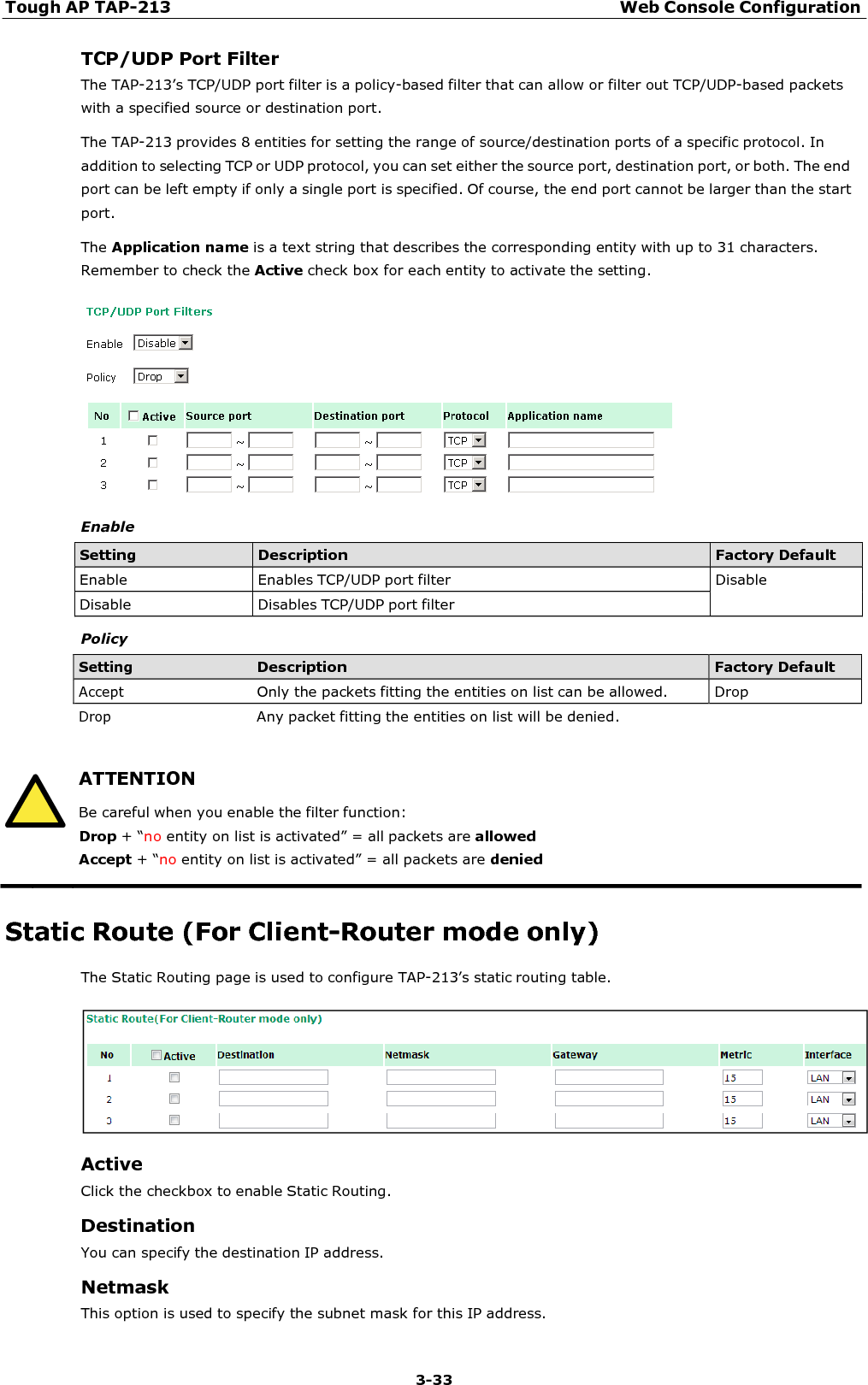 Tough AP TAP-213 Web Console Configuration 3-33    TCP/UDP Port Filter The TAP-213’s TCP/UDP port filter is a policy-based filter that can allow or filter out TCP/UDP-based packets with a specified source or destination port. The TAP-213 provides 8 entities for setting the range of source/destination ports of a specific protocol. In addition to selecting TCP or UDP protocol, you can set either the source port, destination port, or both. The end port can be left empty if only a single port is specified. Of course, the end port cannot be larger than the start port. The Application name is a text string that describes the corresponding entity with up to 31 characters. Remember to check the Active check box for each entity to activate the setting.    Enable  Setting Description Factory Default Enable  Enables TCP/UDP port filter  Disable Disable  Disables TCP/UDP port filter   Policy    Setting Description Factory Default   Accept Only the packets fitting the entities on list can be allowed.  Drop   Drop Any packet fitting the entities on list will be denied.   ATTENTION Be careful when you enable the filter function: Drop + “no entity on list is activated” = all packets are allowed Accept + “no entity on list is activated” = all packets are denied  Static Route (For Client-Router mode only) The Static Routing page is used to configure TAP-213’s static routing table.    Active Click the checkbox to enable Static Routing.  Destination You can specify the destination IP address.  Netmask This option is used to specify the subnet mask for this IP address. 