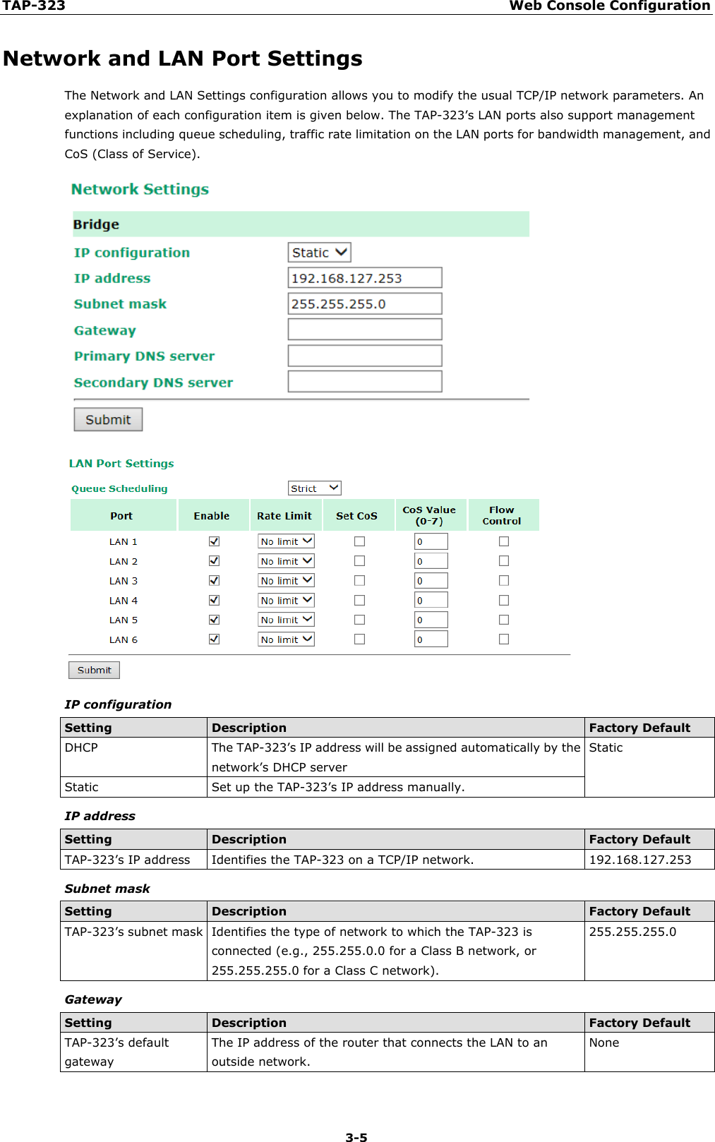 TAP-323 Web Console Configuration  3-5 Network and LAN Port Settings The Network and LAN Settings configuration allows you to modify the usual TCP/IP network parameters. An explanation of each configuration item is given below. The TAP-323’s LAN ports also support management functions including queue scheduling, traffic rate limitation on the LAN ports for bandwidth management, and CoS (Class of Service).   IP configuration Setting Description Factory Default DHCP The TAP-323’s IP address will be assigned automatically by the network’s DHCP server Static Static Set up the TAP-323’s IP address manually. IP address Setting Description Factory Default TAP-323’s IP address Identifies the TAP-323 on a TCP/IP network. 192.168.127.253 Subnet mask Setting Description Factory Default TAP-323’s subnet mask Identifies the type of network to which the TAP-323 is connected (e.g., 255.255.0.0 for a Class B network, or 255.255.255.0 for a Class C network). 255.255.255.0 Gateway Setting Description Factory Default TAP-323’s default gateway The IP address of the router that connects the LAN to an outside network. None 