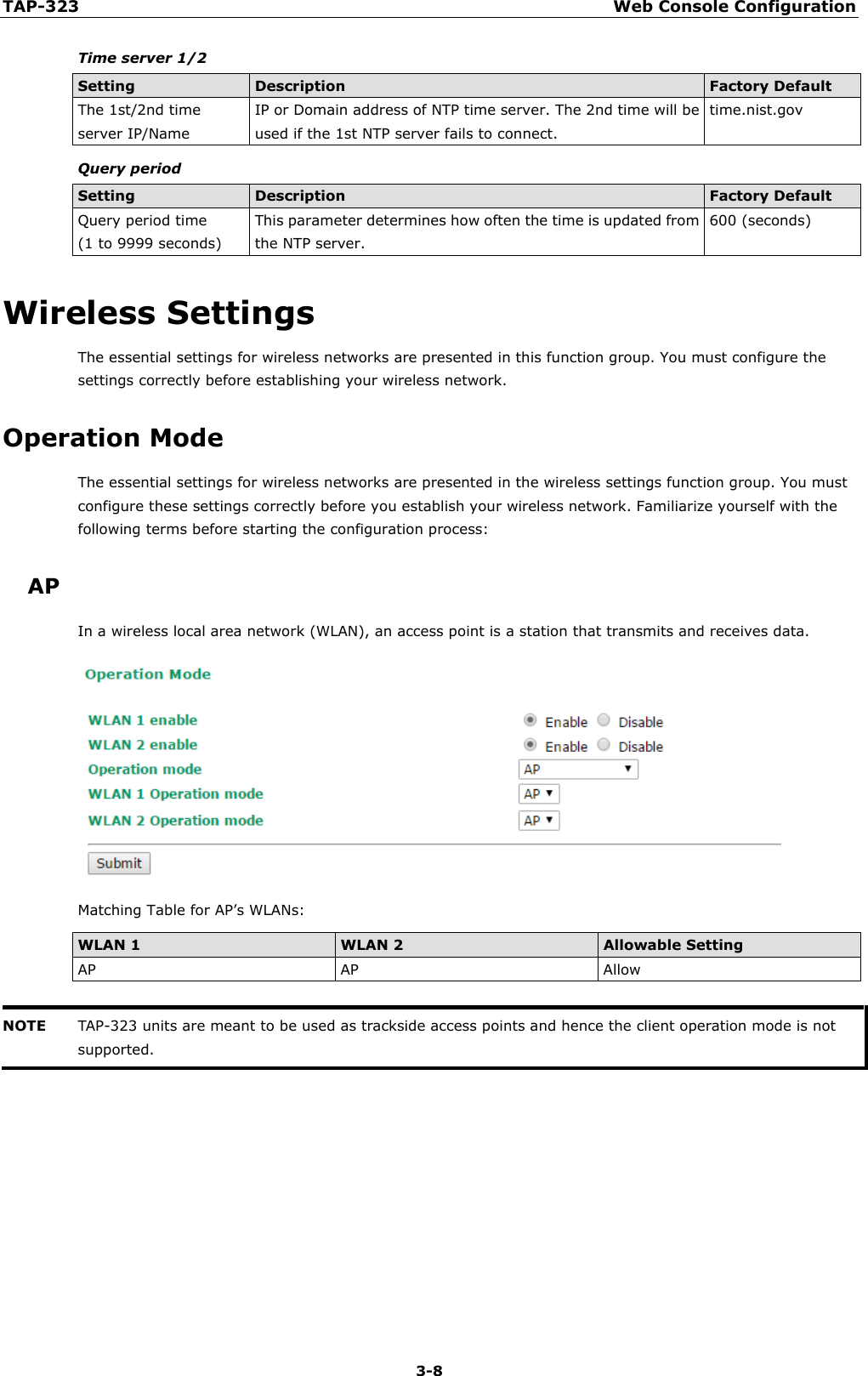 TAP-323 Web Console Configuration  3-8 Time server 1/2 Setting Description Factory Default The 1st/2nd time server IP/Name IP or Domain address of NTP time server. The 2nd time will be used if the 1st NTP server fails to connect. time.nist.gov Query period Setting Description Factory Default Query period time (1 to 9999 seconds) This parameter determines how often the time is updated from the NTP server. 600 (seconds) Wireless Settings The essential settings for wireless networks are presented in this function group. You must configure the settings correctly before establishing your wireless network. Operation Mode The essential settings for wireless networks are presented in the wireless settings function group. You must configure these settings correctly before you establish your wireless network. Familiarize yourself with the following terms before starting the configuration process: AP In a wireless local area network (WLAN), an access point is a station that transmits and receives data.  Matching Table for AP’s WLANs: WLAN 1 WLAN 2 Allowable Setting AP AP Allow  NOTE TAP-323 units are meant to be used as trackside access points and hence the client operation mode is not supported.      