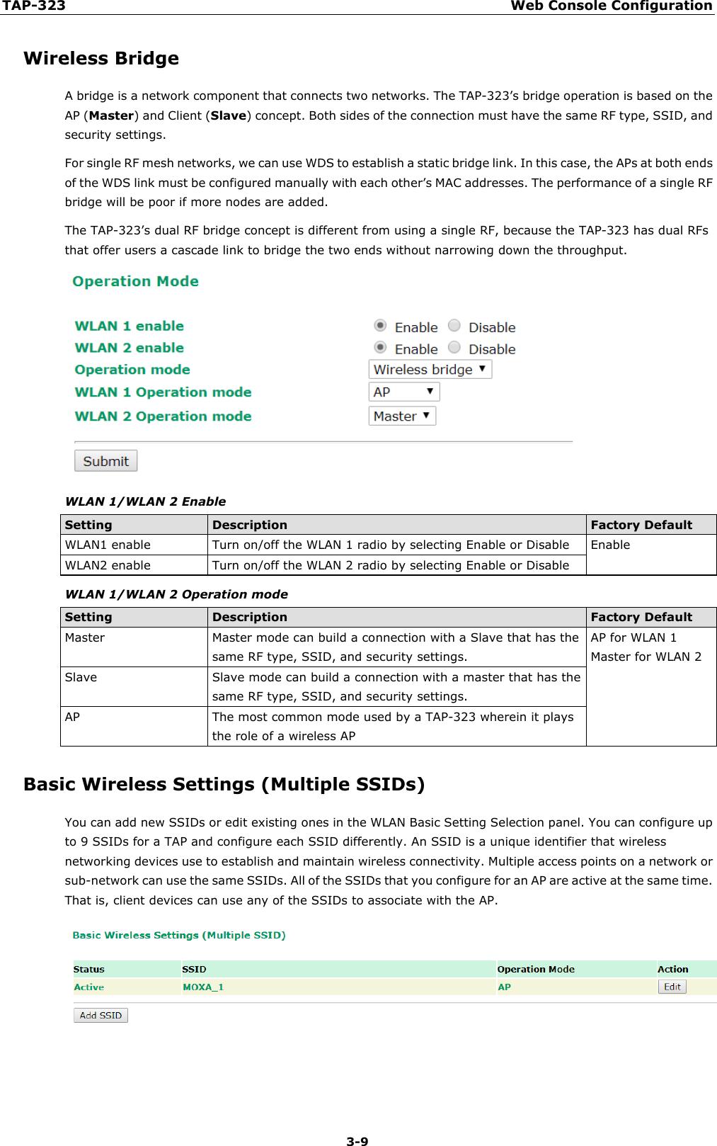 TAP-323 Web Console Configuration  3-9 Wireless Bridge A bridge is a network component that connects two networks. The TAP-323’s bridge operation is based on the AP (Master) and Client (Slave) concept. Both sides of the connection must have the same RF type, SSID, and security settings. For single RF mesh networks, we can use WDS to establish a static bridge link. In this case, the APs at both ends of the WDS link must be configured manually with each other’s MAC addresses. The performance of a single RF bridge will be poor if more nodes are added. The TAP-323’s dual RF bridge concept is different from using a single RF, because the TAP-323 has dual RFs that offer users a cascade link to bridge the two ends without narrowing down the throughput.  WLAN 1/WLAN 2 Enable Setting Description Factory Default WLAN1 enable Turn on/off the WLAN 1 radio by selecting Enable or Disable Enable WLAN2 enable Turn on/off the WLAN 2 radio by selecting Enable or Disable WLAN 1/WLAN 2 Operation mode Setting Description Factory Default Master Master mode can build a connection with a Slave that has the same RF type, SSID, and security settings. AP for WLAN 1 Master for WLAN 2 Slave Slave mode can build a connection with a master that has the same RF type, SSID, and security settings. AP The most common mode used by a TAP-323 wherein it plays the role of a wireless AP       Basic Wireless Settings (Multiple SSIDs) You can add new SSIDs or edit existing ones in the WLAN Basic Setting Selection panel. You can configure up to 9 SSIDs for a TAP and configure each SSID differently. An SSID is a unique identifier that wireless networking devices use to establish and maintain wireless connectivity. Multiple access points on a network or sub-network can use the same SSIDs. All of the SSIDs that you configure for an AP are active at the same time. That is, client devices can use any of the SSIDs to associate with the AP.    