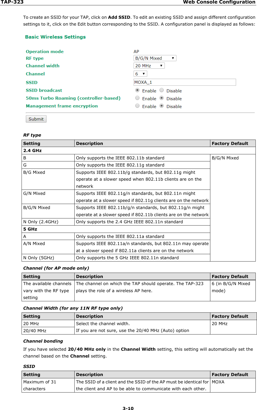 TAP-323 Web Console Configuration  3-10 To create an SSID for your TAP, click on Add SSID. To edit an existing SSID and assign different configuration settings to it, click on the Edit button corresponding to the SSID. A configuration panel is displayed as follows:    RF type Setting Description Factory Default 2.4 GHz B  Only supports the IEEE 802.11b standard B/G/N Mixed G  Only supports the IEEE 802.11g standard B/G Mixed Supports IEEE 802.11b/g standards, but 802.11g might operate at a slower speed when 802.11b clients are on the network G/N Mixed Supports IEEE 802.11g/n standards, but 802.11n might operate at a slower speed if 802.11g clients are on the network B/G/N Mixed Supports IEEE 802.11b/g/n standards, but 802.11g/n might operate at a slower speed if 802.11b clients are on the network N Only (2.4GHz) Only supports the 2.4 GHz IEEE 802.11n standard 5 GHz A  Only supports the IEEE 802.11a standard A/N Mixed Supports IEEE 802.11a/n standards, but 802.11n may operate at a slower speed if 802.11a clients are on the network N Only (5GHz) Only supports the 5 GHz IEEE 802.11n standard Channel (for AP mode only) Setting Description Factory Default The available channels vary with the RF type setting The channel on which the TAP should operate. The TAP-323 plays the role of a wireless AP here. 6 (in B/G/N Mixed mode) Channel Width (for any 11N RF type only) Setting Description Factory Default 20 MHz Select the channel width.   If you are not sure, use the 20/40 MHz (Auto) option 20 MHz 20/40 MHz Channel bonding If you have selected 20/40 MHz only in the Channel Width setting, this setting will automatically set the channel based on the Channel setting. SSID Setting Description Factory Default Maximum of 31 characters The SSID of a client and the SSID of the AP must be identical for the client and AP to be able to communicate with each other. MOXA 