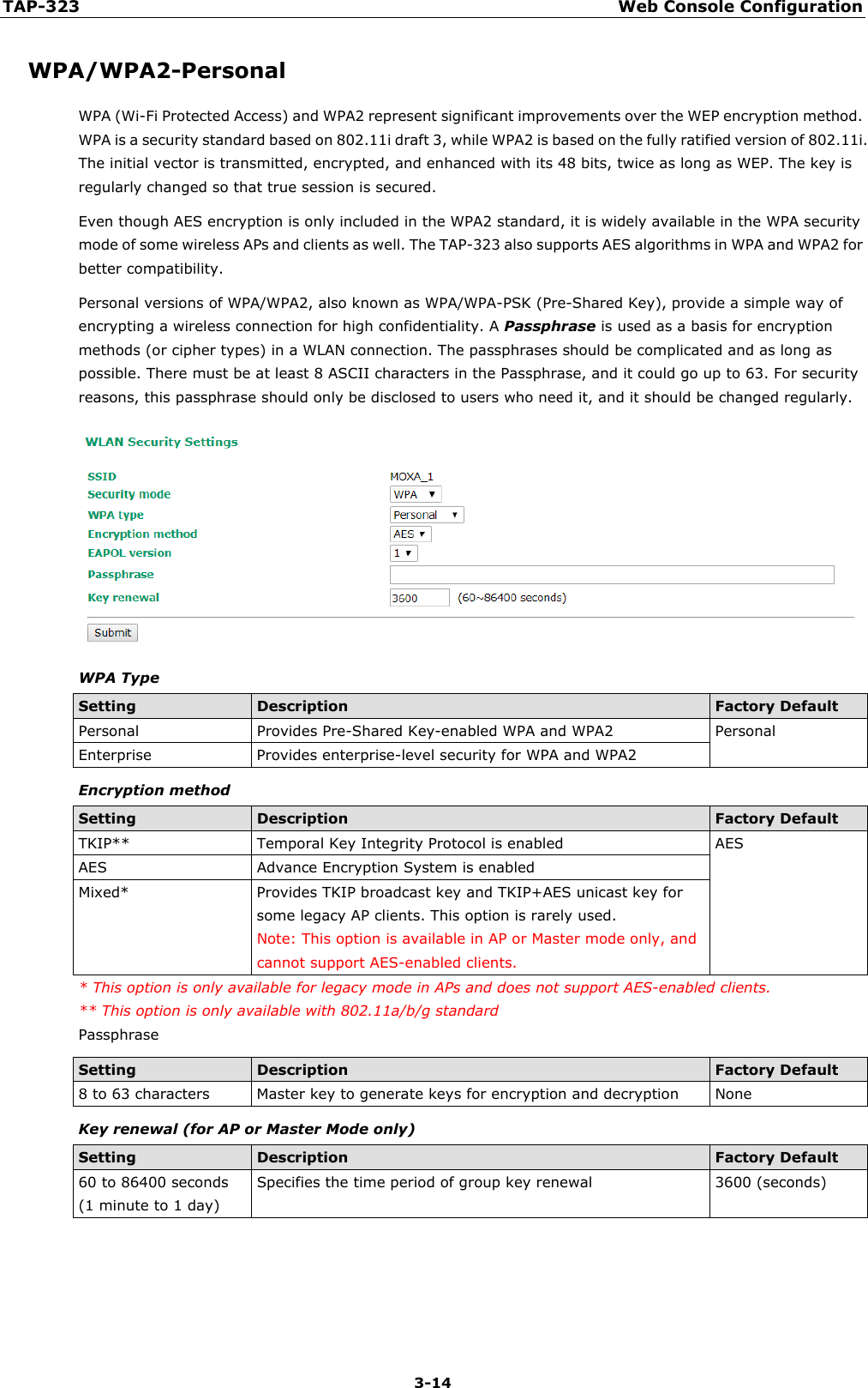 TAP-323 Web Console Configuration  3-14 WPA/WPA2-Personal WPA (Wi-Fi Protected Access) and WPA2 represent significant improvements over the WEP encryption method. WPA is a security standard based on 802.11i draft 3, while WPA2 is based on the fully ratified version of 802.11i. The initial vector is transmitted, encrypted, and enhanced with its 48 bits, twice as long as WEP. The key is regularly changed so that true session is secured. Even though AES encryption is only included in the WPA2 standard, it is widely available in the WPA security mode of some wireless APs and clients as well. The TAP-323 also supports AES algorithms in WPA and WPA2 for better compatibility.   Personal versions of WPA/WPA2, also known as WPA/WPA-PSK (Pre-Shared Key), provide a simple way of encrypting a wireless connection for high confidentiality. A Passphrase is used as a basis for encryption methods (or cipher types) in a WLAN connection. The passphrases should be complicated and as long as possible. There must be at least 8 ASCII characters in the Passphrase, and it could go up to 63. For security reasons, this passphrase should only be disclosed to users who need it, and it should be changed regularly.  WPA Type Setting Description Factory Default Personal Provides Pre-Shared Key-enabled WPA and WPA2 Personal Enterprise Provides enterprise-level security for WPA and WPA2 Encryption method Setting Description Factory Default TKIP** Temporal Key Integrity Protocol is enabled AES AES Advance Encryption System is enabled Mixed* Provides TKIP broadcast key and TKIP+AES unicast key for some legacy AP clients. This option is rarely used.  Note: This option is available in AP or Master mode only, and cannot support AES-enabled clients. * This option is only available for legacy mode in APs and does not support AES-enabled clients. ** This option is only available with 802.11a/b/g standard   Passphrase Setting Description Factory Default 8 to 63 characters  Master key to generate keys for encryption and decryption None Key renewal (for AP or Master Mode only) Setting Description Factory Default 60 to 86400 seconds (1 minute to 1 day) Specifies the time period of group key renewal 3600 (seconds)  