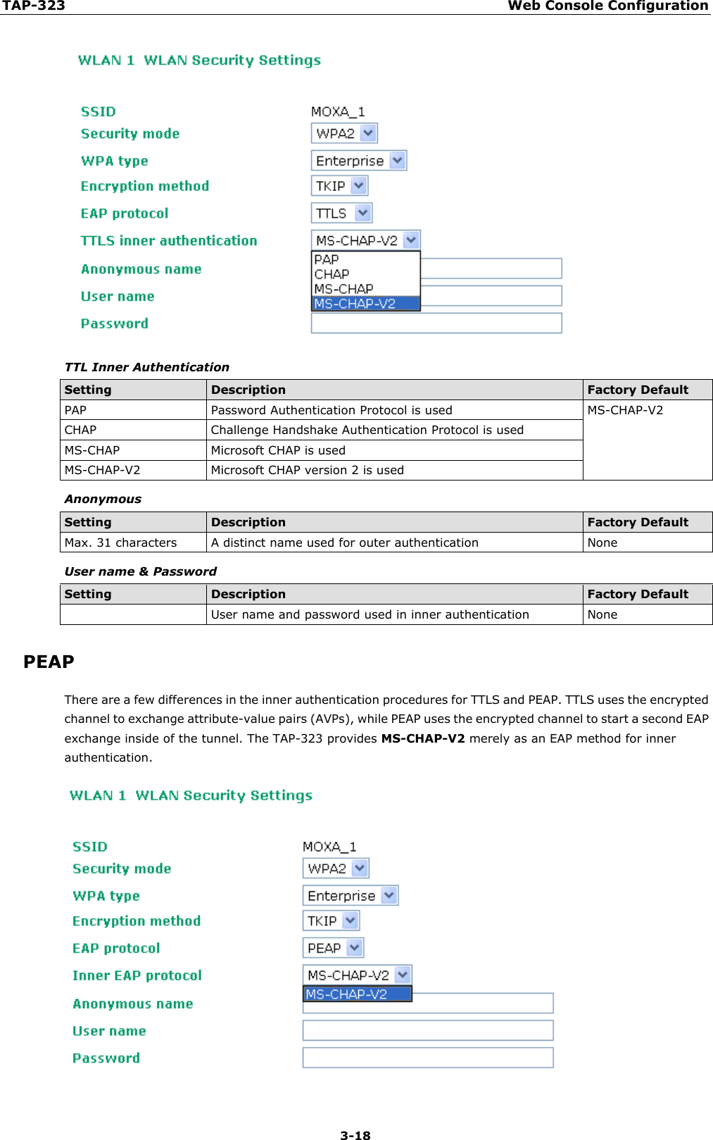 TAP-323 Web Console Configuration  3-18  TTL Inner Authentication Setting Description Factory Default PAP Password Authentication Protocol is used MS-CHAP-V2 CHAP Challenge Handshake Authentication Protocol is used MS-CHAP  Microsoft CHAP is used MS-CHAP-V2 Microsoft CHAP version 2 is used Anonymous Setting Description Factory Default Max. 31 characters  A distinct name used for outer authentication None User name &amp; Password Setting Description Factory Default   User name and password used in inner authentication None PEAP There are a few differences in the inner authentication procedures for TTLS and PEAP. TTLS uses the encrypted channel to exchange attribute-value pairs (AVPs), while PEAP uses the encrypted channel to start a second EAP exchange inside of the tunnel. The TAP-323 provides MS-CHAP-V2 merely as an EAP method for inner authentication.  