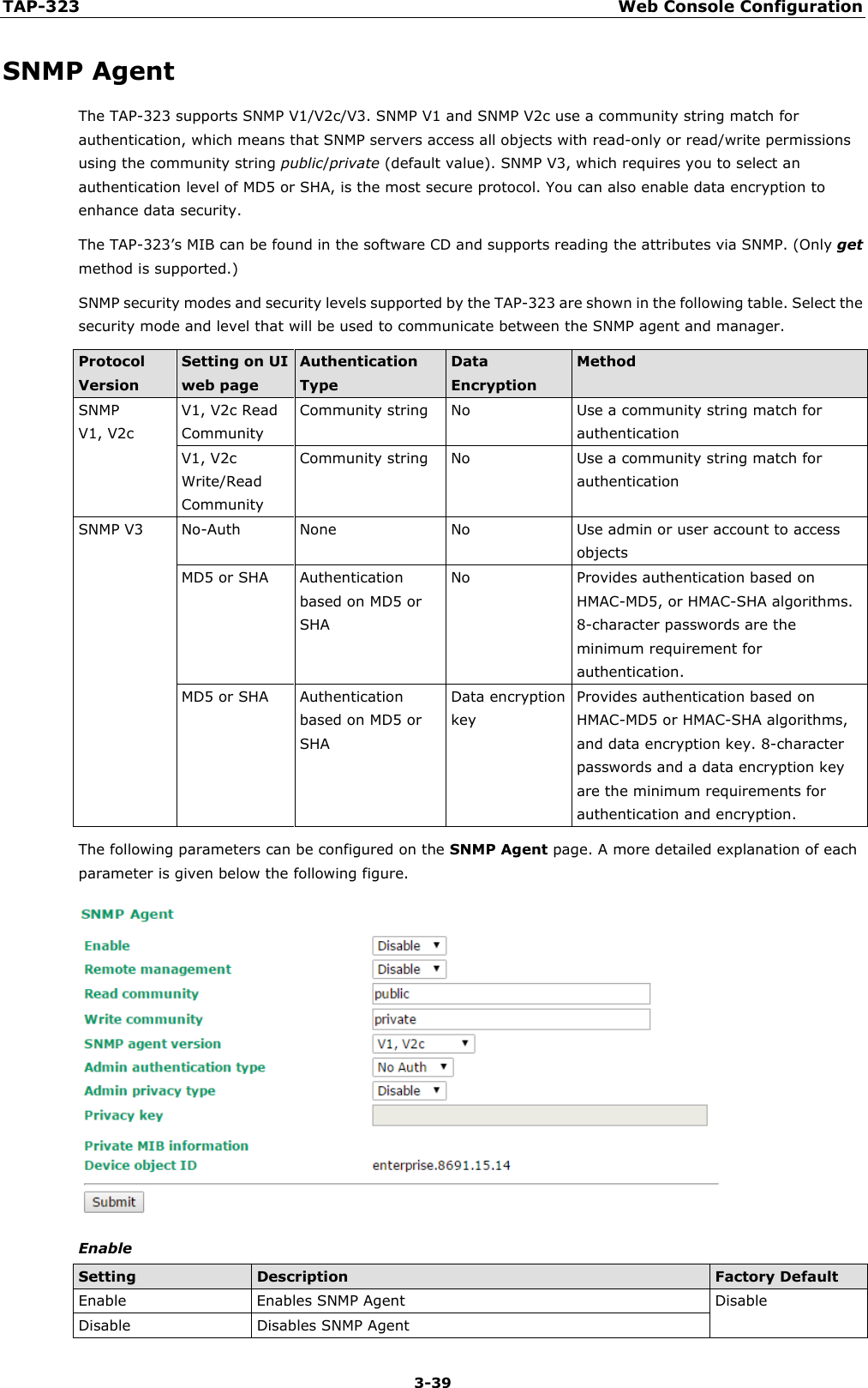 TAP-323 Web Console Configuration  3-39 SNMP Agent The TAP-323 supports SNMP V1/V2c/V3. SNMP V1 and SNMP V2c use a community string match for authentication, which means that SNMP servers access all objects with read-only or read/write permissions using the community string public/private (default value). SNMP V3, which requires you to select an authentication level of MD5 or SHA, is the most secure protocol. You can also enable data encryption to enhance data security.   The TAP-323’s MIB can be found in the software CD and supports reading the attributes via SNMP. (Only get method is supported.) SNMP security modes and security levels supported by the TAP-323 are shown in the following table. Select the security mode and level that will be used to communicate between the SNMP agent and manager. Protocol Version Setting on UI web page Authentication Type Data Encryption Method SNMP   V1, V2c V1, V2c Read Community Community string No Use a community string match for authentication V1, V2c Write/Read Community Community string No Use a community string match for authentication SNMP V3 No-Auth None No Use admin or user account to access objects MD5 or SHA Authentication based on MD5 or SHA No Provides authentication based on HMAC-MD5, or HMAC-SHA algorithms. 8-character passwords are the minimum requirement for authentication. MD5 or SHA Authentication based on MD5 or SHA Data encryption key Provides authentication based on HMAC-MD5 or HMAC-SHA algorithms, and data encryption key. 8-character passwords and a data encryption key are the minimum requirements for authentication and encryption. The following parameters can be configured on the SNMP Agent page. A more detailed explanation of each parameter is given below the following figure.  Enable Setting Description Factory Default Enable Enables SNMP Agent Disable Disable Disables SNMP Agent 