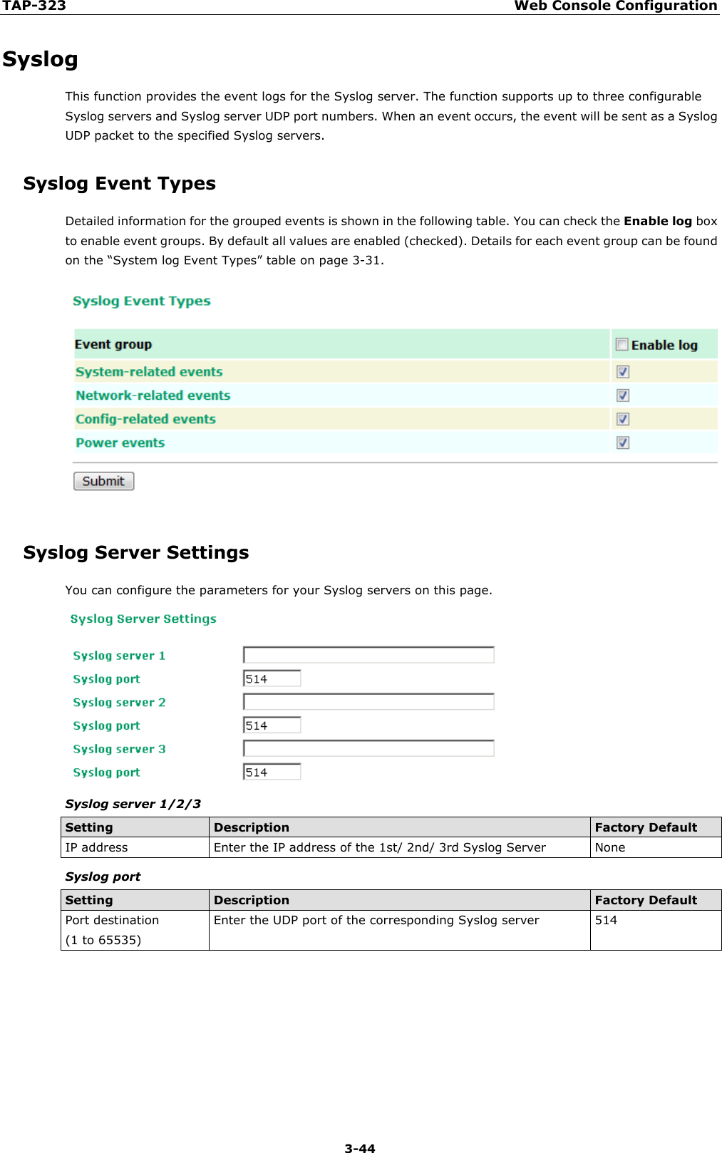 TAP-323 Web Console Configuration  3-44 Syslog This function provides the event logs for the Syslog server. The function supports up to three configurable Syslog servers and Syslog server UDP port numbers. When an event occurs, the event will be sent as a Syslog UDP packet to the specified Syslog servers. Syslog Event Types Detailed information for the grouped events is shown in the following table. You can check the Enable log box to enable event groups. By default all values are enabled (checked). Details for each event group can be found on the “System log Event Types” table on page 3-31.  Syslog Server Settings You can configure the parameters for your Syslog servers on this page.  Syslog server 1/2/3 Setting Description Factory Default IP address Enter the IP address of the 1st/ 2nd/ 3rd Syslog Server None Syslog port Setting Description Factory Default Port destination   (1 to 65535) Enter the UDP port of the corresponding Syslog server 514         