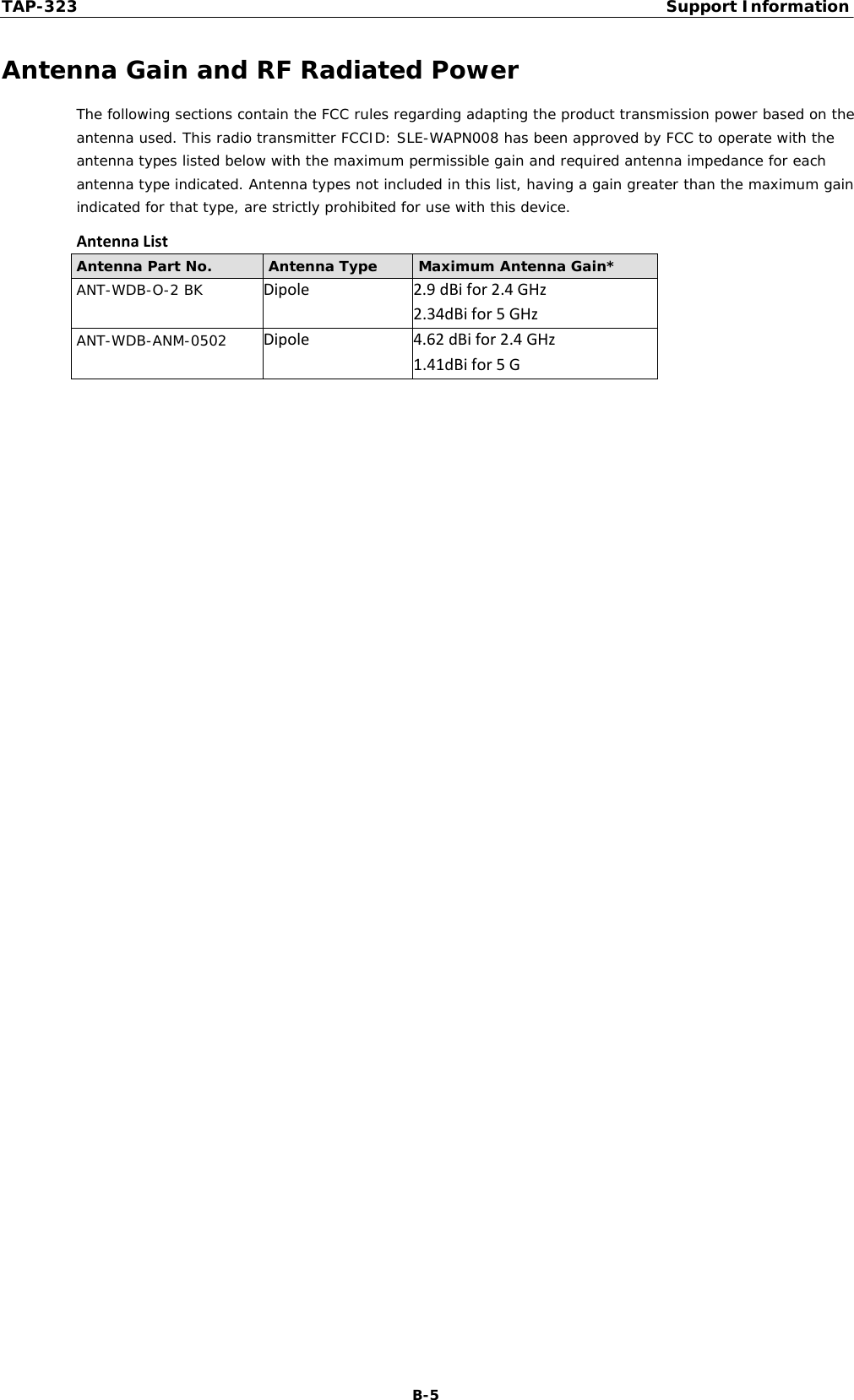 TAP-323  Support Information Antenna Gain and RF Radiated Power The following sections contain the FCC rules regarding adapting the product transmission power based on the antenna used. This radio transmitter FCCID: SLE-WAPN008 has been approved by FCC to operate with the antenna types listed below with the maximum permissible gain and required antenna impedance for each antenna type indicated. Antenna types not included in this list, having a gain greater than the maximum gain indicated for that type, are strictly prohibited for use with this device. AntennaList Antenna Part No.  Antenna Type  Maximum Antenna Gain* ANT-WDB-O-2 BK  Dipole2.9dBifor2.4GHz2.34dBifor5GHzANT-WDB-ANM-0502  Dipole4.62dBifor2.4GHz1.41dBifor5GB-5 