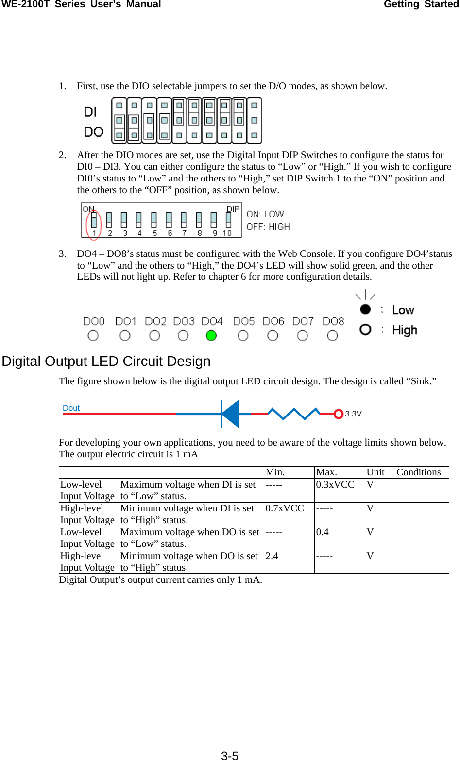 WE-2100T Series User’s Manual  Getting Started  3-5   1. First, use the DIO selectable jumpers to set the D/O modes, as shown below.  2. After the DIO modes are set, use the Digital Input DIP Switches to configure the status for DI0 – DI3. You can either configure the status to “Low” or “High.” If you wish to configure DI0’s status to “Low” and the others to “High,” set DIP Switch 1 to the “ON” position and the others to the “OFF” position, as shown below.  3. DO4 – DO8’s status must be configured with the Web Console. If you configure DO4’status to “Low” and the others to “High,” the DO4’s LED will show solid green, and the other LEDs will not light up. Refer to chapter 6 for more configuration details.  Digital Output LED Circuit Design The figure shown below is the digital output LED circuit design. The design is called “Sink.” 3.3VDout For developing your own applications, you need to be aware of the voltage limits shown below. The output electric circuit is 1 mA    Min. Max. Unit ConditionsLow-level Input Voltage  Maximum voltage when DI is set to “Low” status.  ----- 0.3xVCC V  High-level Input Voltage Minimum voltage when DI is set to “High” status.  0.7xVCC -----  V   Low-level Input Voltage Maximum voltage when DO is set to “Low” status.  ----- 0.4  V  High-level Input Voltage Minimum voltage when DO is set to “High” status  2.4 ----- V  Digital Output’s output current carries only 1 mA.       