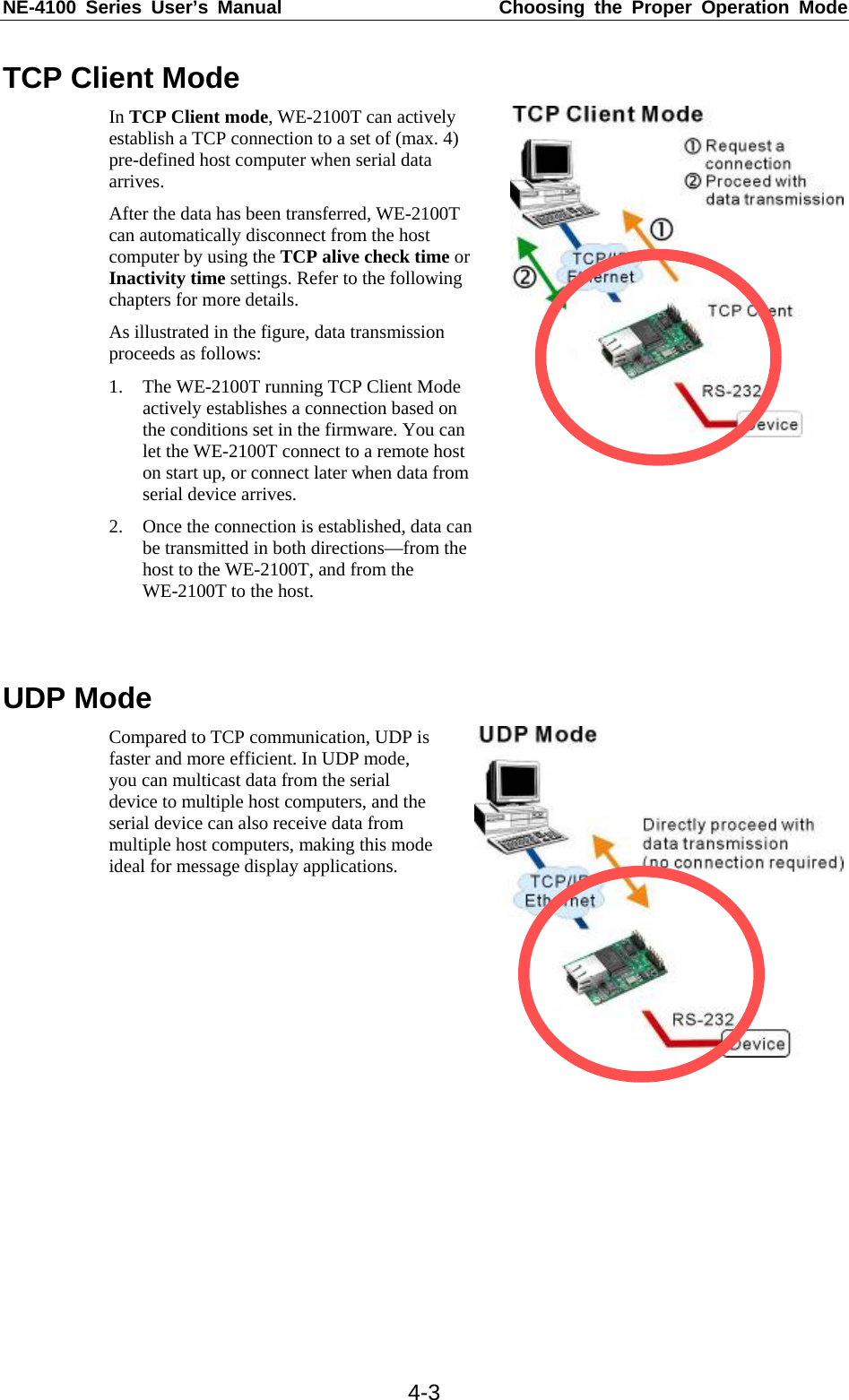 NE-4100 Series User’s Manual  Choosing the Proper Operation Mode  4-3TCP Client Mode In TCP Client mode, WE-2100T can actively establish a TCP connection to a set of (max. 4) pre-defined host computer when serial data arrives. After the data has been transferred, WE-2100T can automatically disconnect from the host computer by using the TCP alive check time or Inactivity time settings. Refer to the following chapters for more details. As illustrated in the figure, data transmission proceeds as follows: 1. The WE-2100T running TCP Client Mode actively establishes a connection based on the conditions set in the firmware. You can let the WE-2100T connect to a remote host on start up, or connect later when data from serial device arrives. 2. Once the connection is established, data can be transmitted in both directions—from the host to the WE-2100T, and from the WE-2100T to the host.   UDP Mode Compared to TCP communication, UDP is faster and more efficient. In UDP mode, you can multicast data from the serial device to multiple host computers, and the serial device can also receive data from multiple host computers, making this mode ideal for message display applications.  