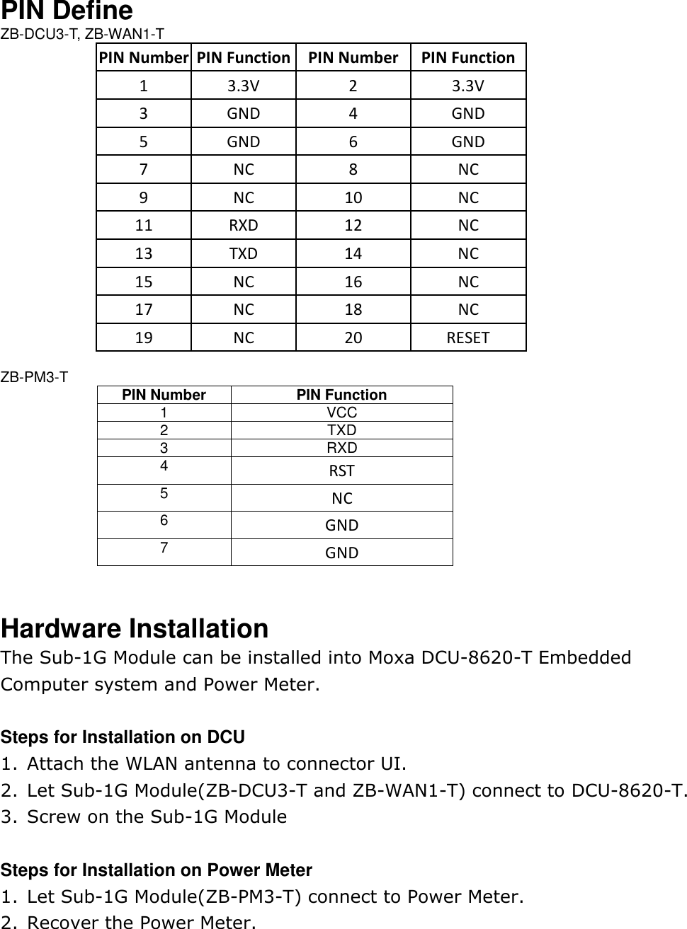 PIN Define ZB-DCU3-T, ZB-WAN1-T PIN Number PIN Function PIN Number PIN Function 1  3.3V  2  3.3V 3  GND  4  GND 5  GND  6  GND 7  NC  8  NC 9  NC  10  NC 11  RXD  12  NC 13  TXD  14  NC 15  NC  16  NC 17  NC  18  NC 19  NC  20  RESET  ZB-PM3-T PIN Number PIN Function 1  VCC 2  TXD 3  RXD 4 RST 5 NC 6 GND 7 GND   Hardware Installation The Sub-1G Module can be installed into Moxa DCU-8620-T Embedded Computer system and Power Meter.  Steps for Installation on DCU 1. Attach the WLAN antenna to connector UI. 2. Let Sub-1G Module(ZB-DCU3-T and ZB-WAN1-T) connect to DCU-8620-T. 3. Screw on the Sub-1G Module  Steps for Installation on Power Meter 1. Let Sub-1G Module(ZB-PM3-T) connect to Power Meter. 2. Recover the Power Meter.     