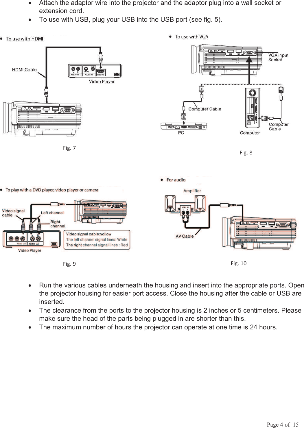             Page 4 of  15 &bull;  Attach the adaptor wire into the projector and the adaptor plug into a wall socket or extension cord. &bull;  To use with USB, plug your USB into the USB port (see fig. 5).       &bull;  Run the various cables underneath the housing and insert into the appropriate ports. Open the projector housing for easier port access. Close the housing after the cable or USB are inserted. &bull;  The clearance from the ports to the projector housing is 2 inches or 5 centimeters. Please make sure the head of the parts being plugged in are shorter than this. &bull;  The maximum number of hours the projector can operate at one time is 24 hours.  