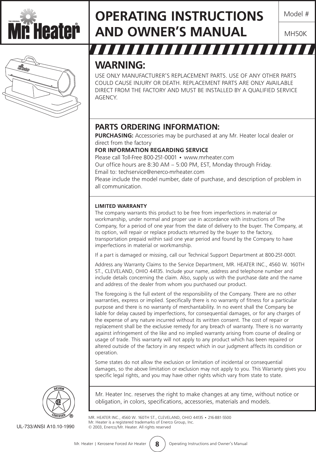 Page 8 of 8 - Mr-Heater Mr-Heater-Mh50K-Users-Manual- Buddy#73432  Mr-heater-mh50k-users-manual