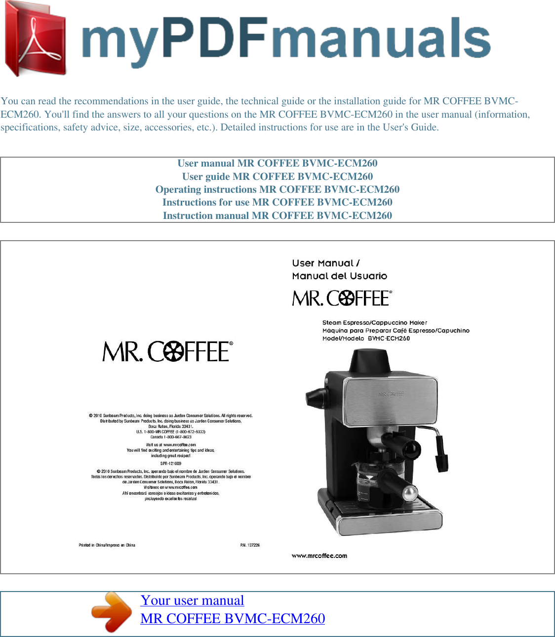 Page 1 of 2 - Mrcoffee Mrcoffee-Espresso-Maker-Bvmc-Ecm260-Users-Manual- User Manual MR COFFEE BVMC-ECM260  Mrcoffee-espresso-maker-bvmc-ecm260-users-manual