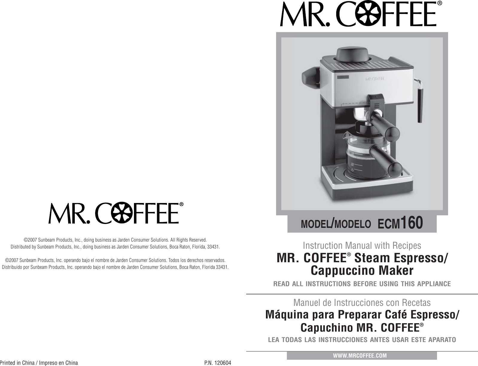 Mrcoffee Steam Espresso Cappuccino Maker Ecm160 Np Owner S Manual  ECM160_Manual