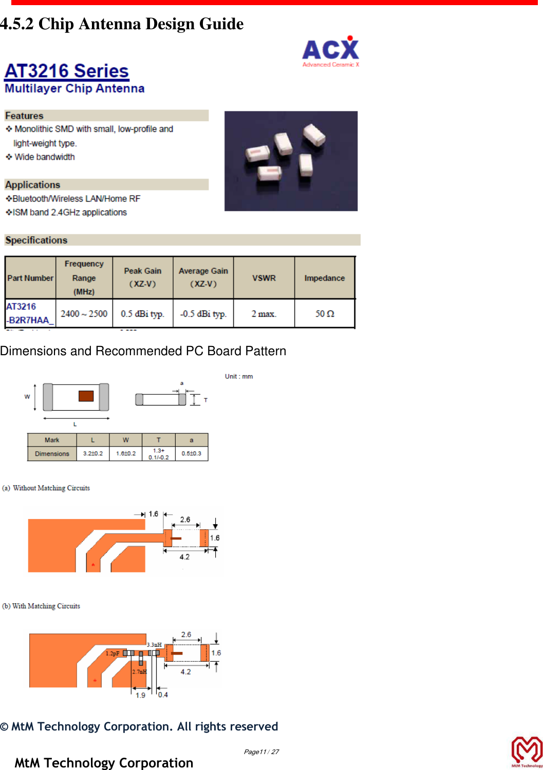  4.5.2 Chip Antenna Design Guide  Dimensions and Recommended PC Board Pattern  ©  MtM Technology Corporation. All rights reserved  Page11 / 27 MtM Technology Corporation 