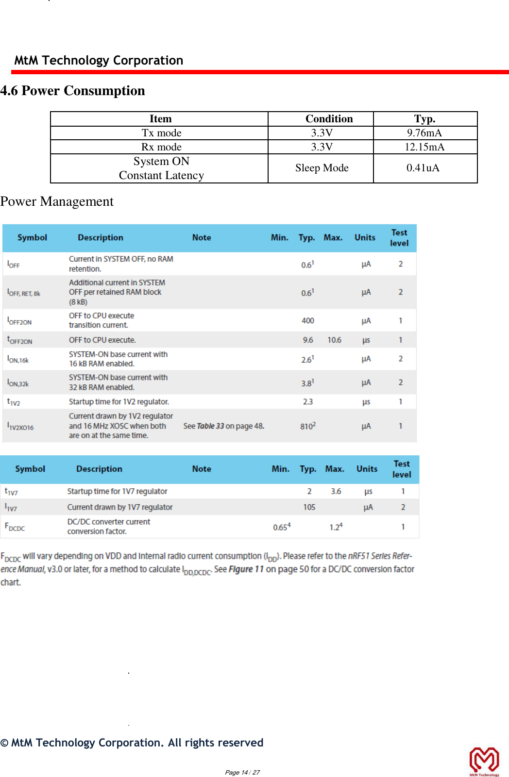 MtM Technology Corporation  4.6 Power Consumption Item Condition Typ.  Tx mode 3.3V 9.76mA  Rx mode 3.3V 12.15mA  System ON Constant Latency Sleep Mode 0.41uA    Power Management          ©  MtM Technology Corporation. All rights reserved    Page 14 / 27  