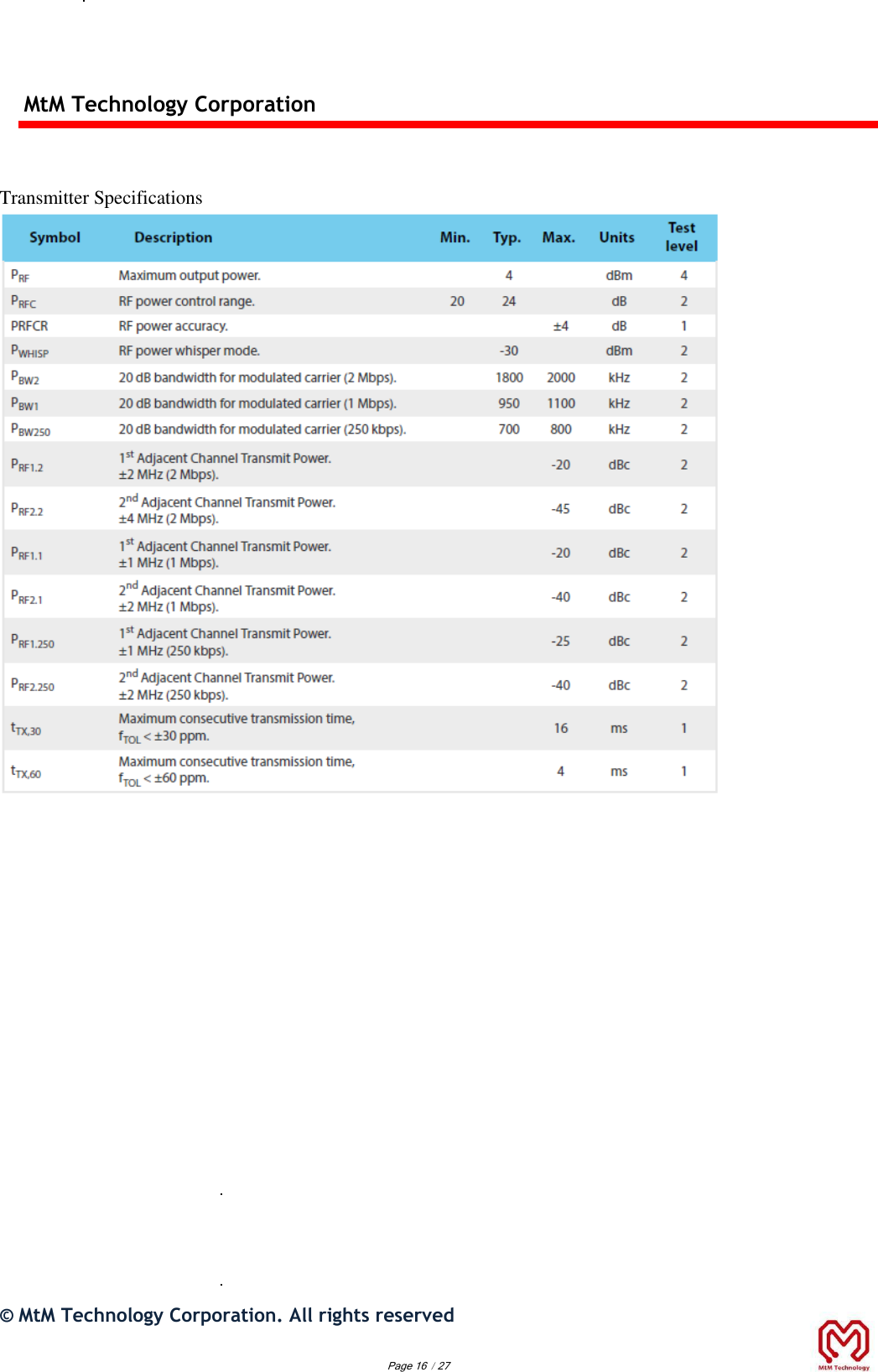 MtM Technology Corporation   Transmitter Specifications                              ©  MtM Technology Corporation. All rights reserved    Page 16  / 27 