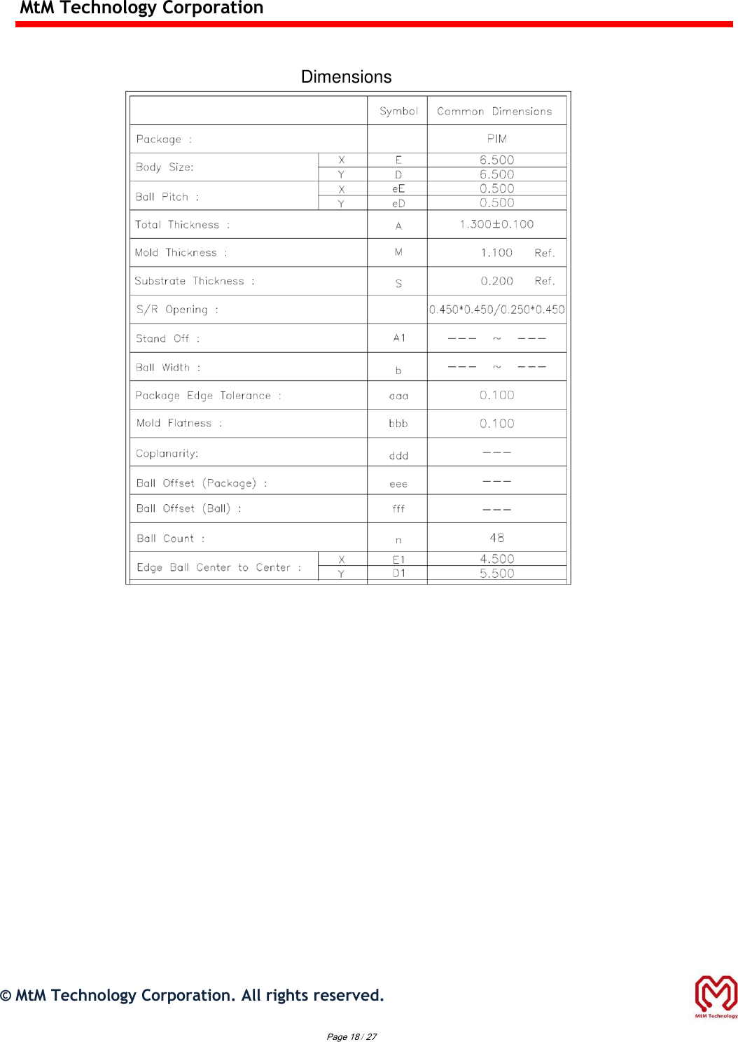 MtM Technology Corporation                                    Dimensions               ©  MtM Technology Corporation. All rights reserved.                                       Page 18 / 27 