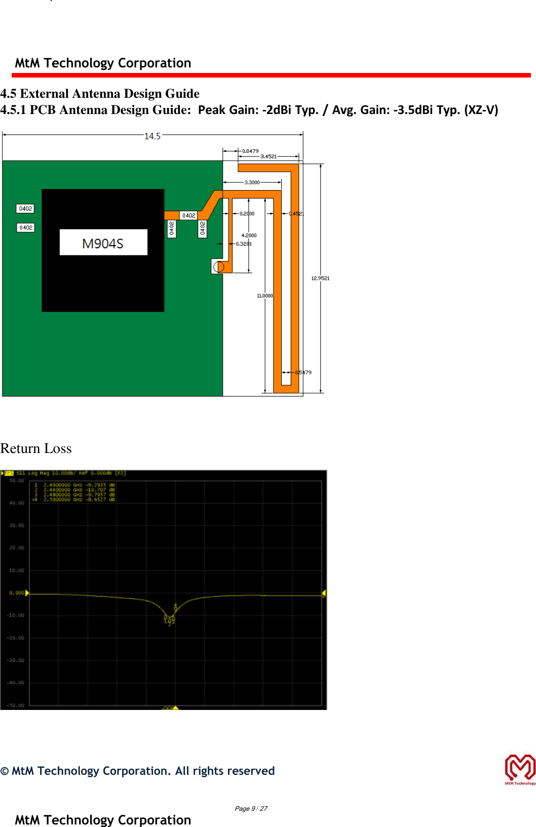 MtM Technology Corporation  4.5 External Antenna Design Guide 4.5.1 PCB Antenna Design Guide:  Peak Gain: -2dBi Typ. / Avg. Gain: -3.5dBi Typ. (XZ-V)   Return Loss     ©  MtM Technology Corporation. All rights reserved   Page 9 / 27 MtM Technology Corporation 