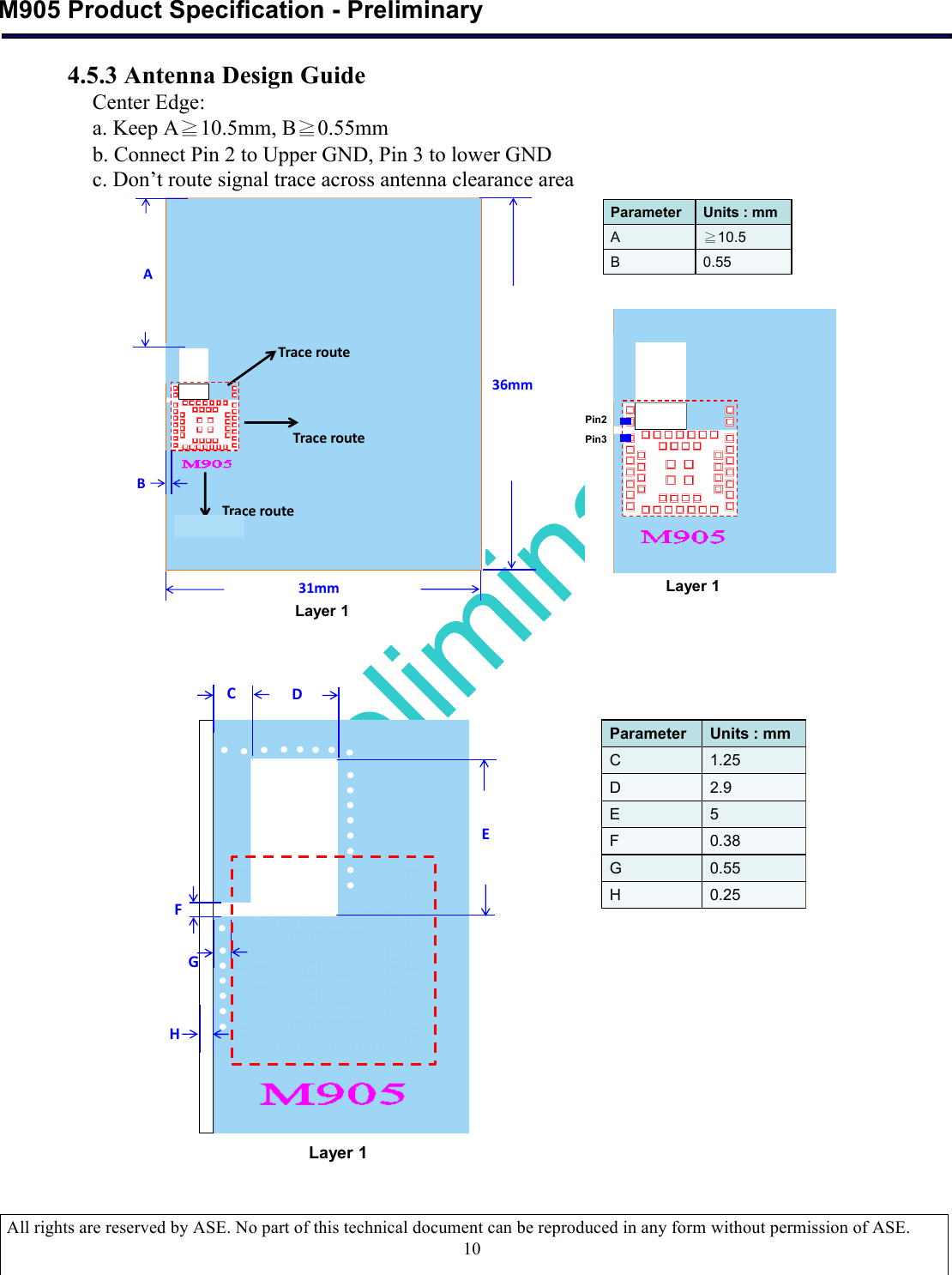  M905 Product Specification - Preliminary  All rights are reserved by ASE. No part of this technical document can be reproduced in any form without permission of ASE.  10 4.5.3 Antenna Design Guide Center Edge: a. Keep A≧10.5mm, B≧0.55mm b. Connect Pin 2 to Upper GND, Pin 3 to lower GND c. Don’t route signal trace across antenna clearance area ParameterUnits : mmA≧10.5B0.55ATrace&apos;routeTrace&apos;routeTrace&apos;route36mm31mmBPin2Pin3Layer 1Layer 1   CDEParameterUnits : mmC1.25D2.9E5F0.38G0.55H0.25Layer 1FHG         