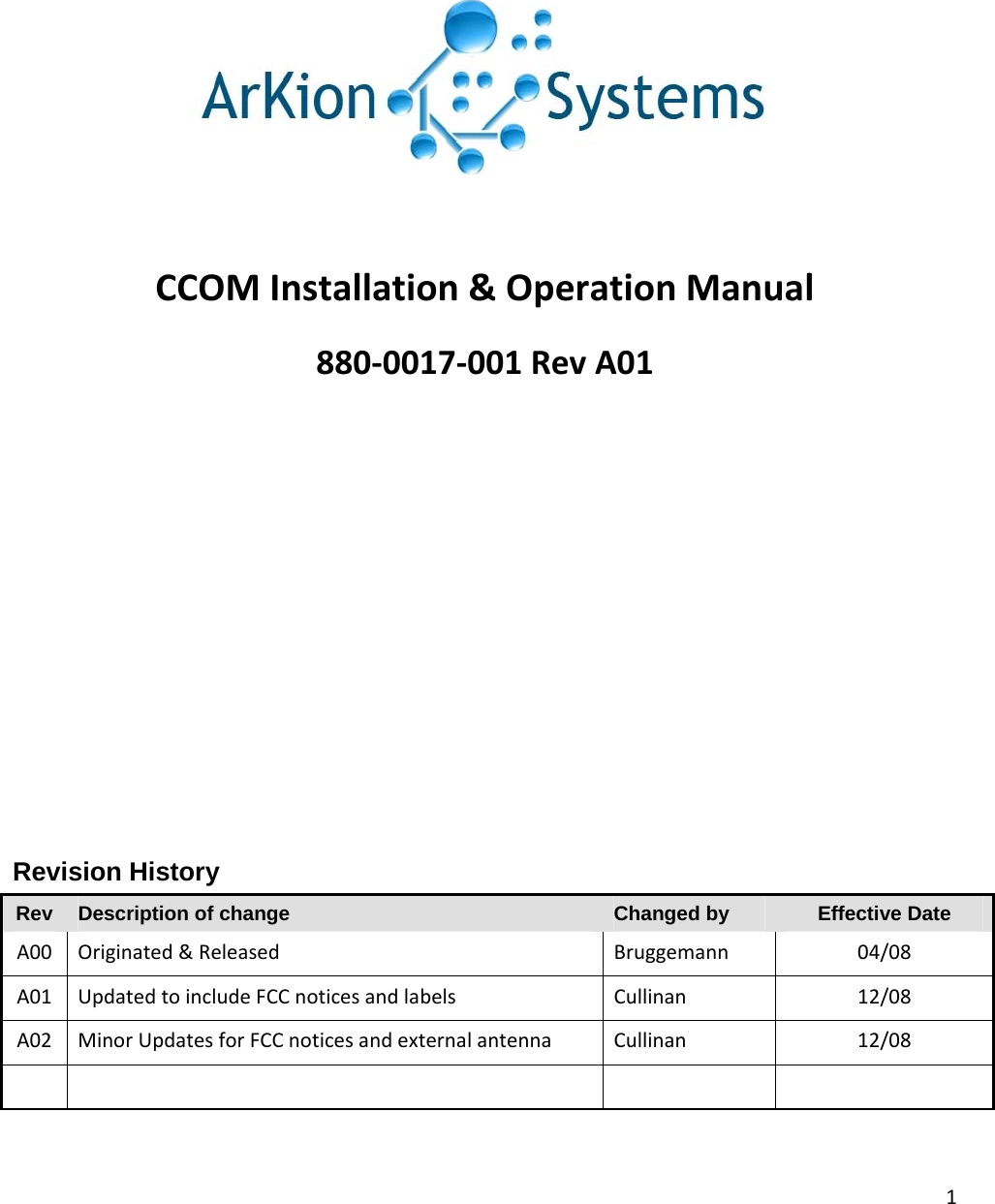 1 CCOMInstallation&amp;OperationManual880‐0017‐001RevA01Revision History Rev  Description of change  Changed by  Effective Date A00Originated&amp;ReleasedBruggemann04/08A01UpdatedtoincludeFCCnoticesandlabelsCullinan12/08A02MinorUpdatesforFCCnoticesandexternalantennaCullinan12/08   