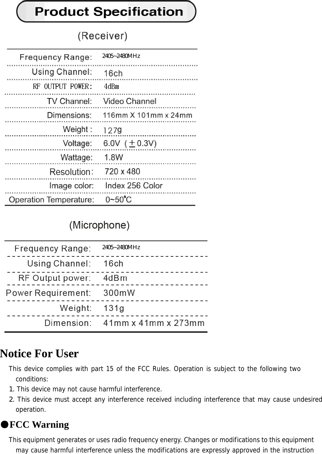   Notice For User This device complies with part 15 of the FCC Rules. Operation is subject to the following two conditions: 1. This device may not cause harmful interference. 2. This device must accept any interference received including interference that may cause undesired operation. ●FCC Warning This equipment generates or uses radio frequency energy. Changes or modifications to this equipment may cause harmful interference unless the modifications are expressly approved in the instruction 2405~2480MHz2405~2480MHz