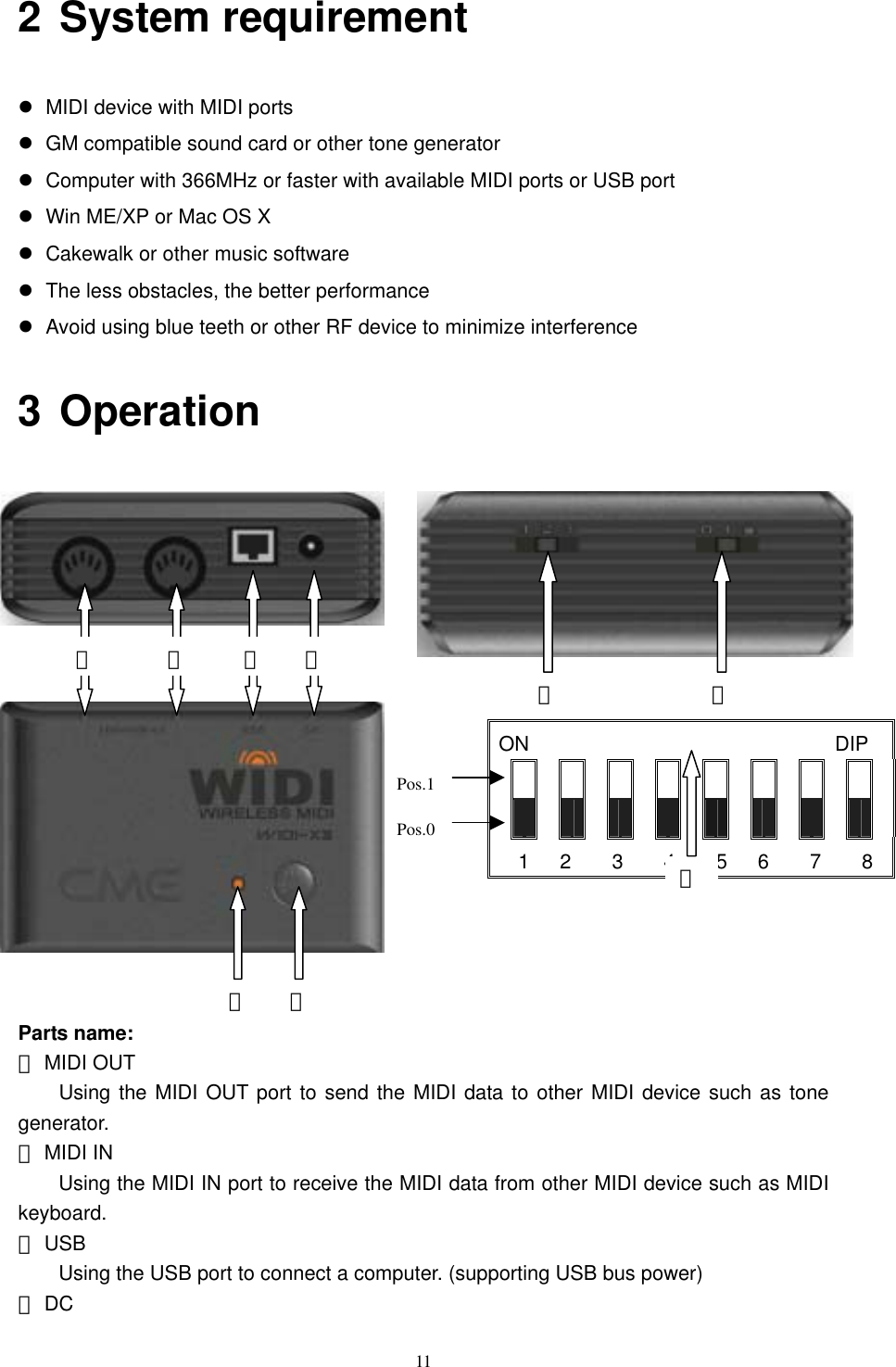   112 System requirement  MIDI device with MIDI ports  GM compatible sound card or other tone generator    Computer with 366MHz or faster with available MIDI ports or USB port    Win ME/XP or Mac OS X  Cakewalk or other music software    The less obstacles, the better performance  Avoid using blue teeth or other RF device to minimize interference   3 Operation                  Parts name: ① MIDI OUT     Using the MIDI OUT port to send the MIDI data to other MIDI device such as tone generator.  ② MIDI IN   Using the MIDI IN port to receive the MIDI data from other MIDI device such as MIDI keyboard.  ③ USB   Using the USB port to connect a computer. (supporting USB bus power) ④ DC ON                              DIP          1   2    3    4    5   6    7    8 ①②③④⑤⑥Pos.1 Pos.0 ⑦ ⑧ ⑨ 