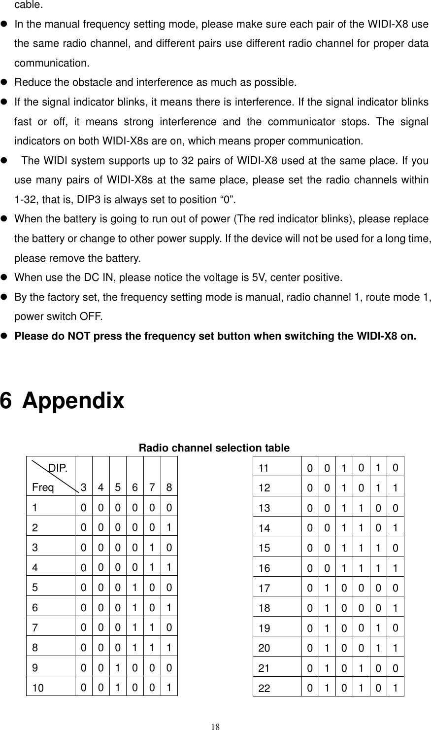   18cable.   In the manual frequency setting mode, please make sure each pair of the WIDI-X8 use the same radio channel, and different pairs use different radio channel for proper data communication.   Reduce the obstacle and interference as much as possible.    If the signal indicator blinks, it means there is interference. If the signal indicator blinks fast or off, it means strong interference and the communicator stops. The signal indicators on both WIDI-X8s are on, which means proper communication.      The WIDI system supports up to 32 pairs of WIDI-X8 used at the same place. If you use many pairs of WIDI-X8s at the same place, please set the radio channels within 1-32, that is, DIP3 is always set to position “0”.    When the battery is going to run out of power (The red indicator blinks), please replace the battery or change to other power supply. If the device will not be used for a long time, please remove the battery.    When use the DC IN, please notice the voltage is 5V, center positive.   By the factory set, the frequency setting mode is manual, radio channel 1, route mode 1, power switch OFF.    Please do NOT press the frequency set button when switching the WIDI-X8 on.    6 Appendix Radio channel selection table      DIP. Freq  3 4 5 6 7 81  0 0 0 0 0 02  0 0 0 0 0 13  0 0 0 0 1 04  0 0 0 0 1 15  0 0 0 1 0 06  0 0 0 1 0 17  0 0 0 1 1 08  0 0 0 1 1 19  0 0 1 0 0 010  0 0 1 0 0 111  0 0 1 0 1 0 12  0 0 1 0 1 1 13  0 0 1 1 0 0 14  0 0 1 1 0 1 15  0 0 1 1 1 0 16  0 0 1 1 1 1 17  0 1 0 0 0 0 18  0 1 0 0 0 1 19  0 1 0 0 1 0 20  0 1 0 0 1 1 21  0 1 0 1 0 0 22  0 1 0 1 0 1 