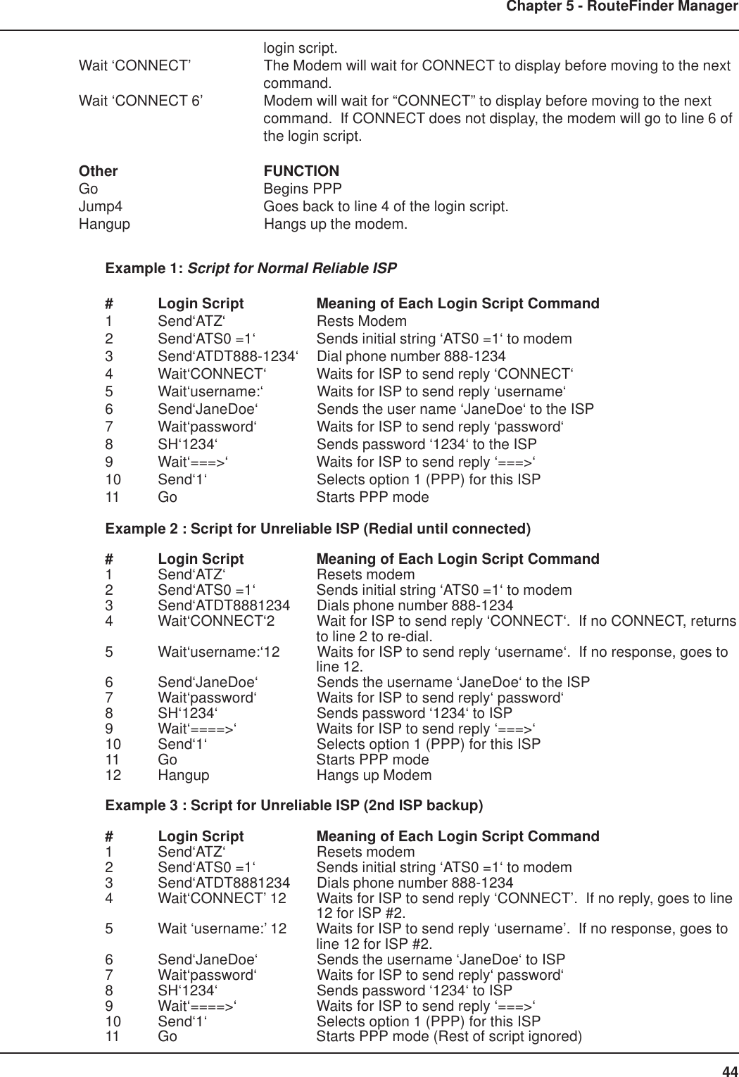 44Chapter 5 - RouteFinder Managerlogin script.Wait ‘CONNECT’ The Modem will wait for CONNECT to display before moving to the nextcommand.Wait ‘CONNECT 6’ Modem will wait for “CONNECT” to display before moving to the nextcommand.  If CONNECT does not display, the modem will go to line 6 ofthe login script.Other FUNCTIONGo Begins PPPJump4 Goes back to line 4 of the login script.Hangup Hangs up the modem.Example 1: Script for Normal Reliable ISP# Login Script Meaning of Each Login Script Command1 Send‘ATZ‘ Rests Modem2 Send‘ATS0 =1‘ Sends initial string ‘ATS0 =1‘ to modem3 Send‘ATDT888-1234‘ Dial phone number 888-12344 Wait‘CONNECT‘ Waits for ISP to send reply ‘CONNECT‘5 Wait‘username:‘ Waits for ISP to send reply ‘username‘6 Send‘JaneDoe‘ Sends the user name ‘JaneDoe‘ to the ISP7 Wait‘password‘ Waits for ISP to send reply ‘password‘8 SH‘1234‘ Sends password ‘1234‘ to the ISP9 Wait‘===&gt;‘ Waits for ISP to send reply ‘===&gt;‘10 Send‘1‘ Selects option 1 (PPP) for this ISP11 Go Starts PPP modeExample 2 : Script for Unreliable ISP (Redial until connected)# Login Script Meaning of Each Login Script Command1 Send‘ATZ‘ Resets modem2 Send‘ATS0 =1‘ Sends initial string ‘ATS0 =1‘ to modem3 Send‘ATDT8881234 Dials phone number 888-12344 Wait‘CONNECT‘2 Wait for ISP to send reply ‘CONNECT‘.  If no CONNECT, returnsto line 2 to re-dial.5 Wait‘username:‘12 Waits for ISP to send reply ‘username‘.  If no response, goes toline 12.6 Send‘JaneDoe‘ Sends the username ‘JaneDoe‘ to the ISP7 Wait‘password‘ Waits for ISP to send reply‘ password‘8 SH‘1234‘ Sends password ‘1234‘ to ISP9 Wait‘====&gt;‘ Waits for ISP to send reply ‘===&gt;‘10 Send‘1‘ Selects option 1 (PPP) for this ISP11 Go Starts PPP mode12 Hangup Hangs up ModemExample 3 : Script for Unreliable ISP (2nd ISP backup)# Login Script Meaning of Each Login Script Command1 Send‘ATZ‘ Resets modem2 Send‘ATS0 =1‘ Sends initial string ‘ATS0 =1‘ to modem3 Send‘ATDT8881234 Dials phone number 888-12344 Wait‘CONNECT’ 12 Waits for ISP to send reply ‘CONNECT’.  If no reply, goes to line12 for ISP #2.5 Wait ‘username:’ 12 Waits for ISP to send reply ‘username’.  If no response, goes toline 12 for ISP #2.6 Send‘JaneDoe‘ Sends the username ‘JaneDoe‘ to ISP7 Wait‘password‘ Waits for ISP to send reply‘ password‘8 SH‘1234‘ Sends password ‘1234‘ to ISP9 Wait‘====&gt;‘ Waits for ISP to send reply ‘===&gt;‘10 Send‘1‘ Selects option 1 (PPP) for this ISP11 Go Starts PPP mode (Rest of script ignored)