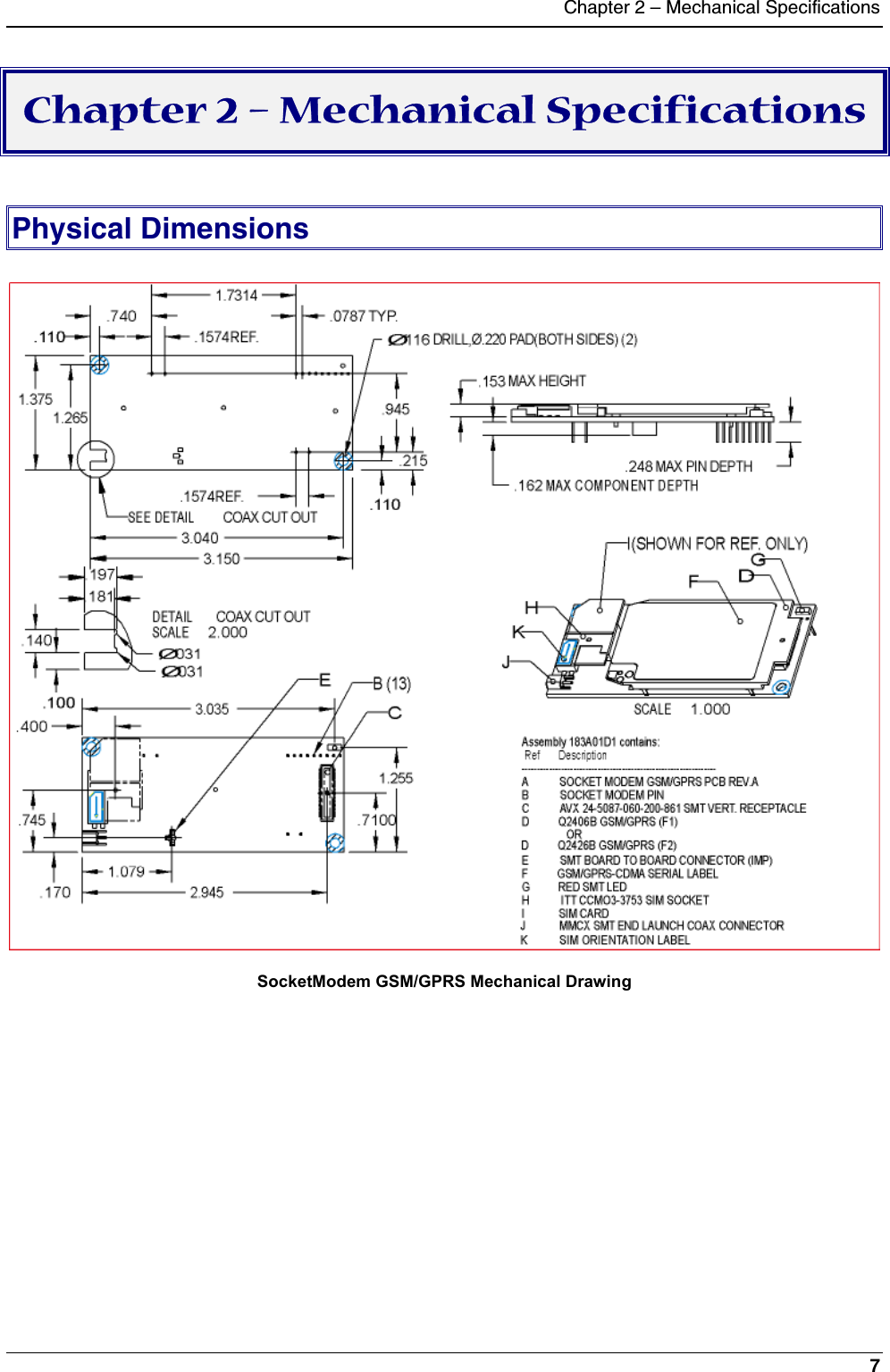 Chapter 2 – Mechanical Specifications7Chapter 2 – Mechanical SpecificationsPhysical DimensionsSocketModem GSM/GPRS Mechanical Drawing