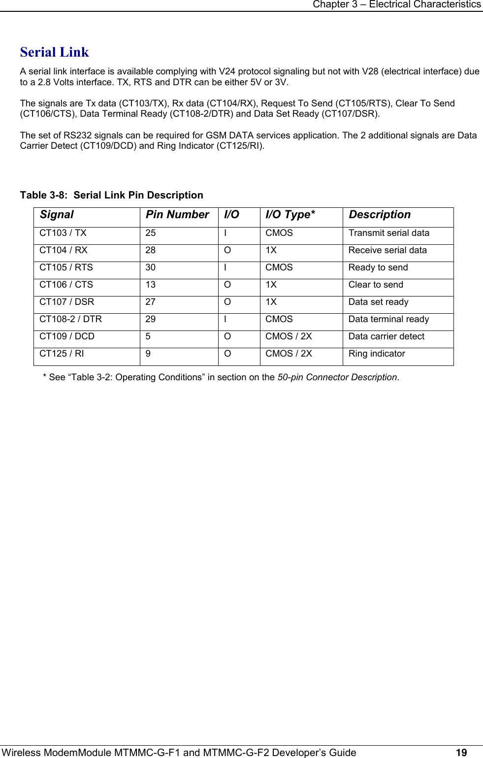 Chapter 3 – Electrical CharacteristicsWireless ModemModule MTMMC-G-F1 and MTMMC-G-F2 Developer’s Guide     19Serial LinkA serial link interface is available complying with V24 protocol signaling but not with V28 (electrical interface) dueto a 2.8 Volts interface. TX, RTS and DTR can be either 5V or 3V.The signals are Tx data (CT103/TX), Rx data (CT104/RX), Request To Send (CT105/RTS), Clear To Send(CT106/CTS), Data Terminal Ready (CT108-2/DTR) and Data Set Ready (CT107/DSR).The set of RS232 signals can be required for GSM DATA services application. The 2 additional signals are DataCarrier Detect (CT109/DCD) and Ring Indicator (CT125/RI).Table 3-8:  Serial Link Pin DescriptionSignal Pin Number I/O I/O Type* DescriptionCT103 / TX 25 I CMOS Transmit serial dataCT104 / RX 28 O 1X Receive serial dataCT105 / RTS 30 I CMOS Ready to sendCT106 / CTS 13 O 1X Clear to sendCT107 / DSR 27 O 1X Data set readyCT108-2 / DTR 29 I CMOS Data terminal readyCT109 / DCD 5 O CMOS / 2X Data carrier detectCT125 / RI 9 O CMOS / 2X Ring indicator* See “Table 3-2: Operating Conditions” in section on the 50-pin Connector Description.